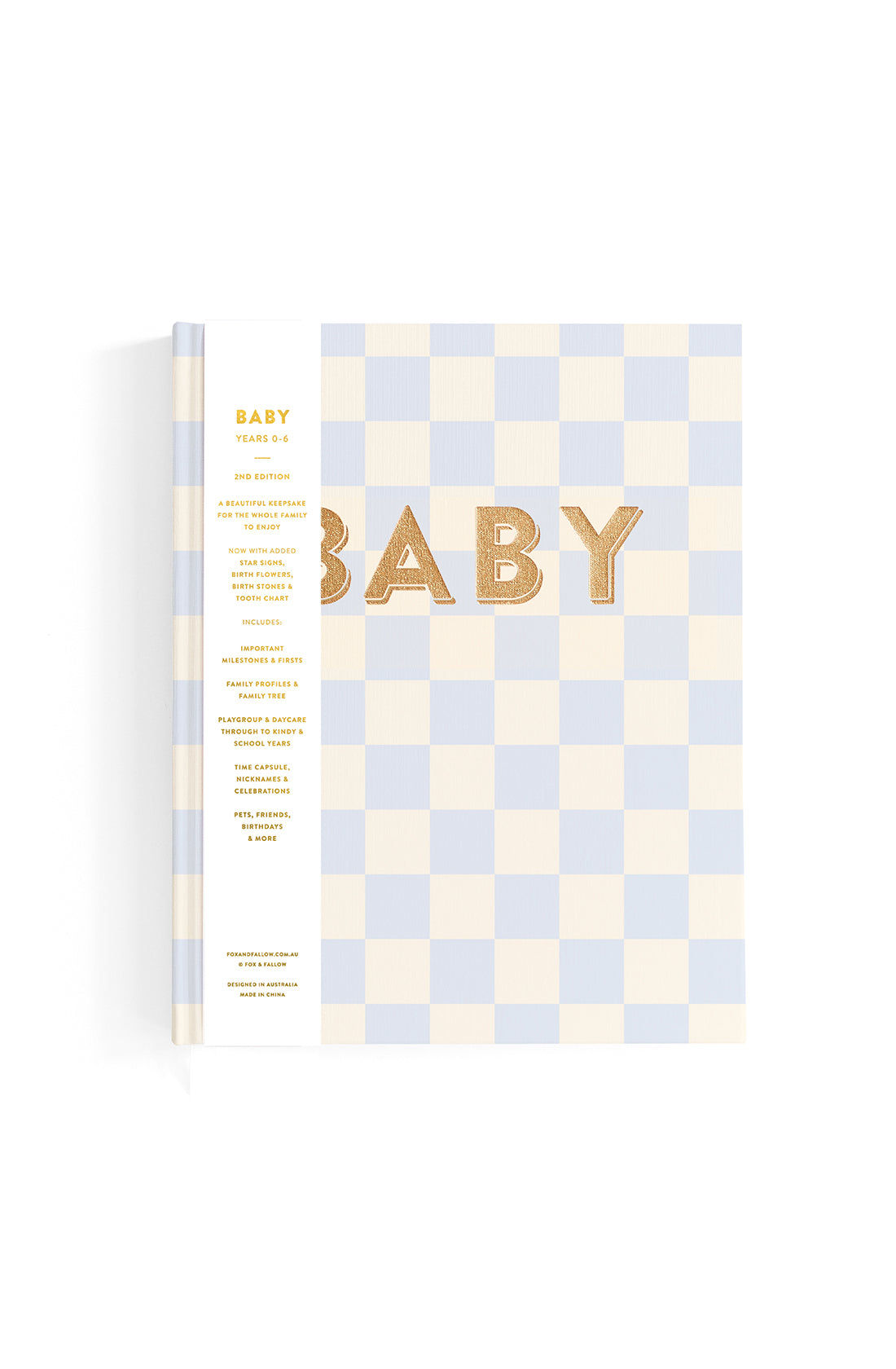 Introducing the "Baby Book Blue Check" by FOX & FALLOW, featuring a blue and white checkered cover adorned with the word "BABY" in bold gold letters on the front. A white vertical band along the left side lists various sections for recording precious memories, making it a cherished family keepsake.