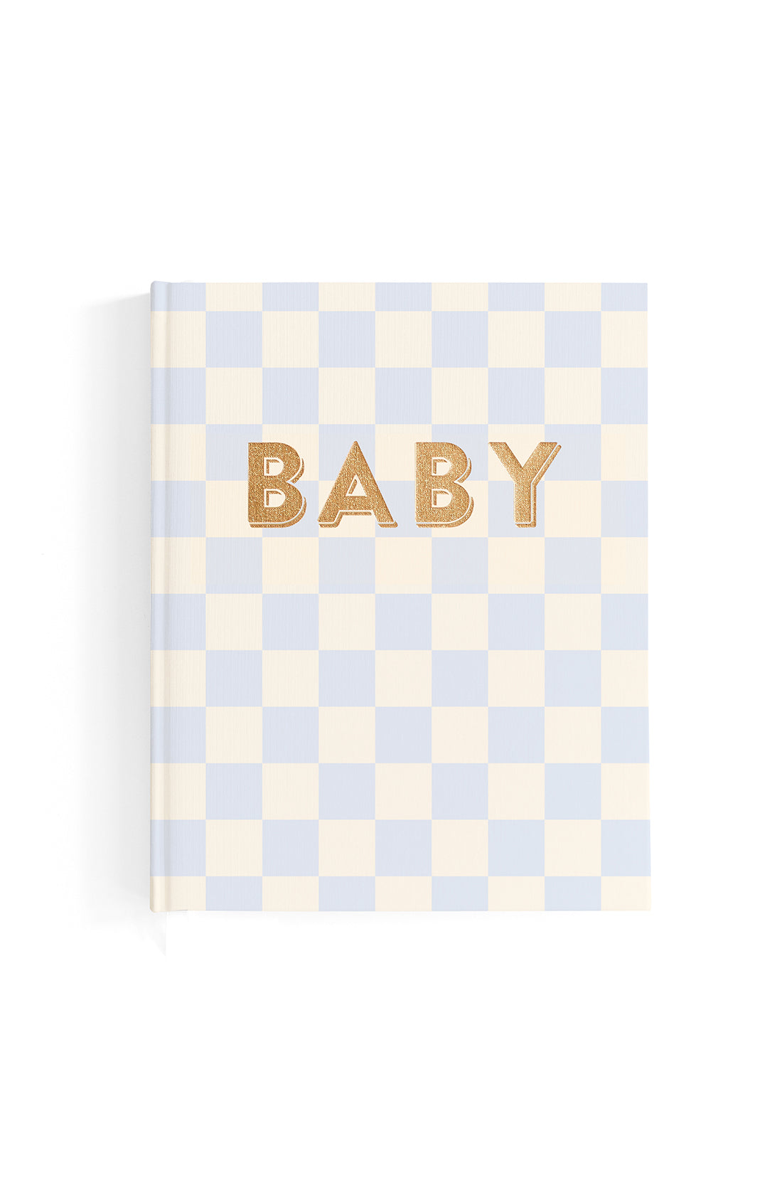 A hardcover memory book from FOX & FALLOW, titled "Baby Book Blue Check," features a pastel blue and cream checkered pattern on the cover. The word "BABY" is prominently displayed in large, gold letters at the center. This family keepsake is closed and standing upright against a white background.