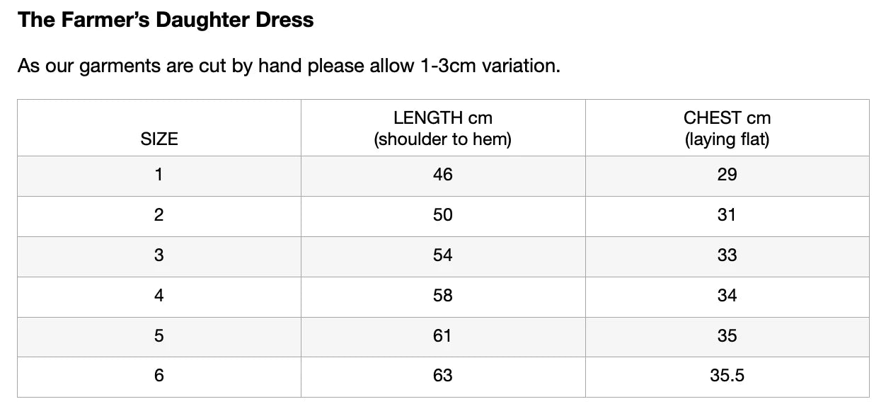 A sizing chart for the "VALENCIA BYRON BAY - The Farmer's Daughter's Dress," crafted from breathable mid-weight fabric. It provides details on size, length in cm (shoulder to hem), and chest in cm (laying flat) for sizes 1 to 6, highlighting a classic style with a 1-3cm variation due to hand cutting.