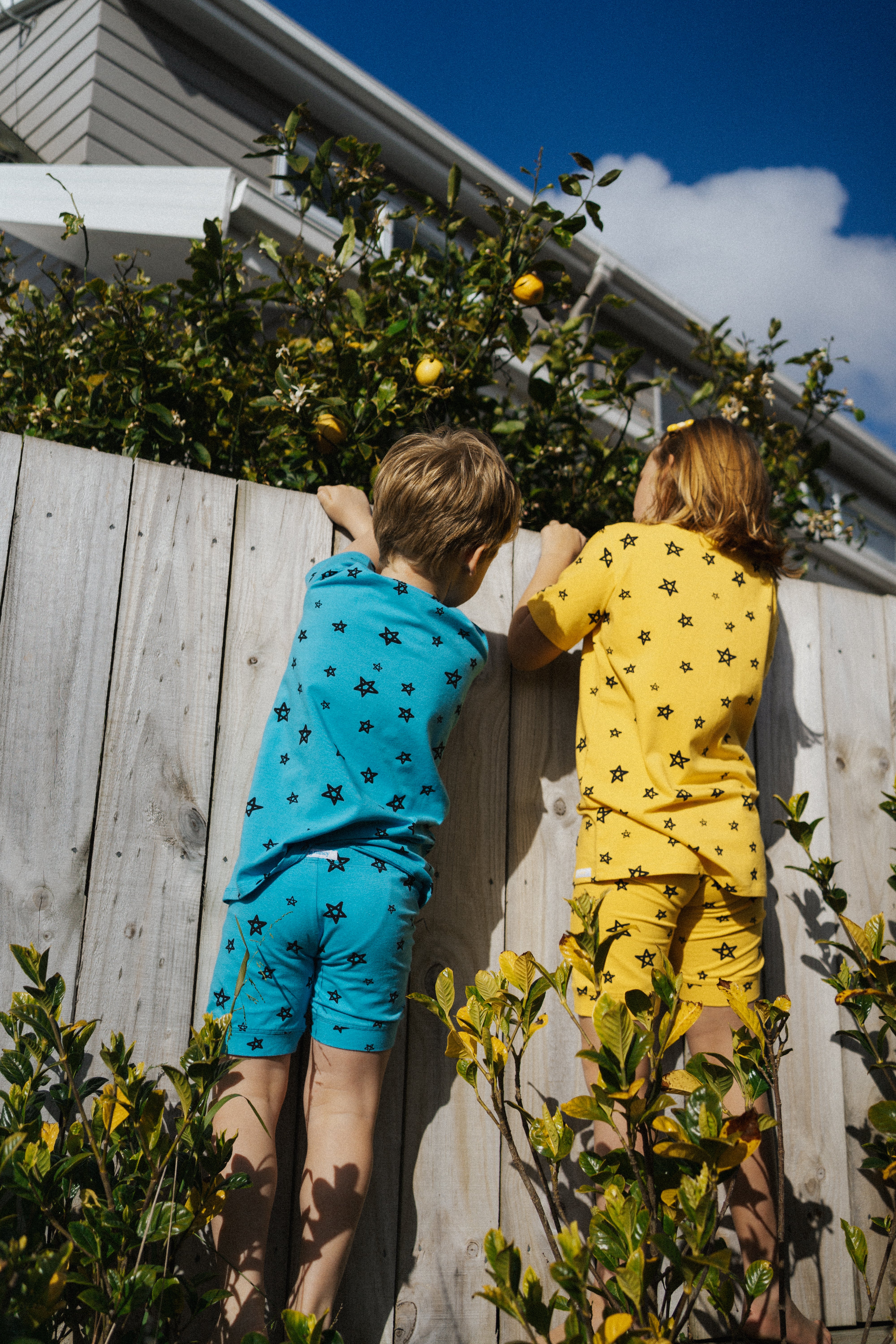 Two children dressed in G.NANCY's Star Shortie PJ Set Breeze, one set in blue and the other in yellow, stand on tiptoe peering over a wooden fence. They are surrounded by lush green foliage under a bright blue sky, enjoying the softness of their organic cotton PJs.