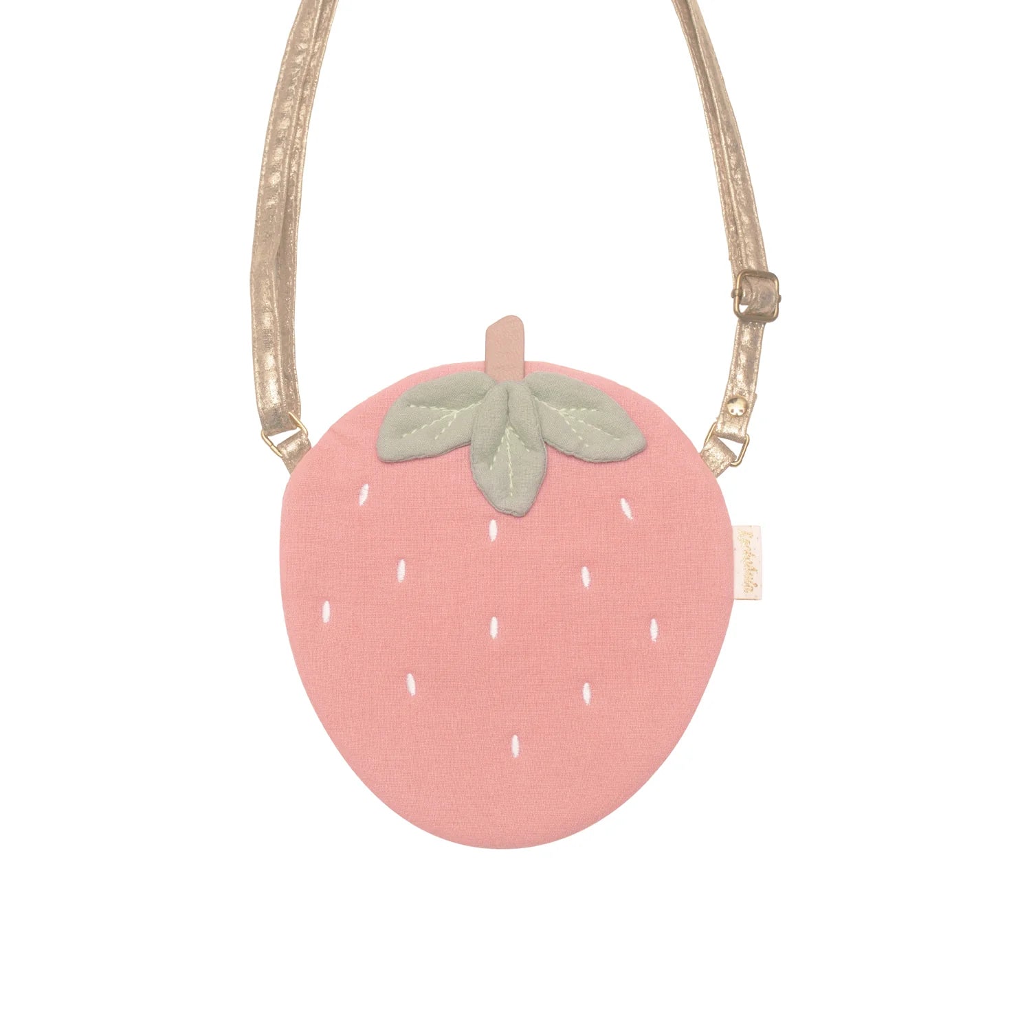 The ROCKAHULA Rockahula - Sweet Strawberry Bag is a small pink bag with green leaf details and a metallic gold strap—ideal as a playful kids' accessory or cute summer essential—shown on a white background.