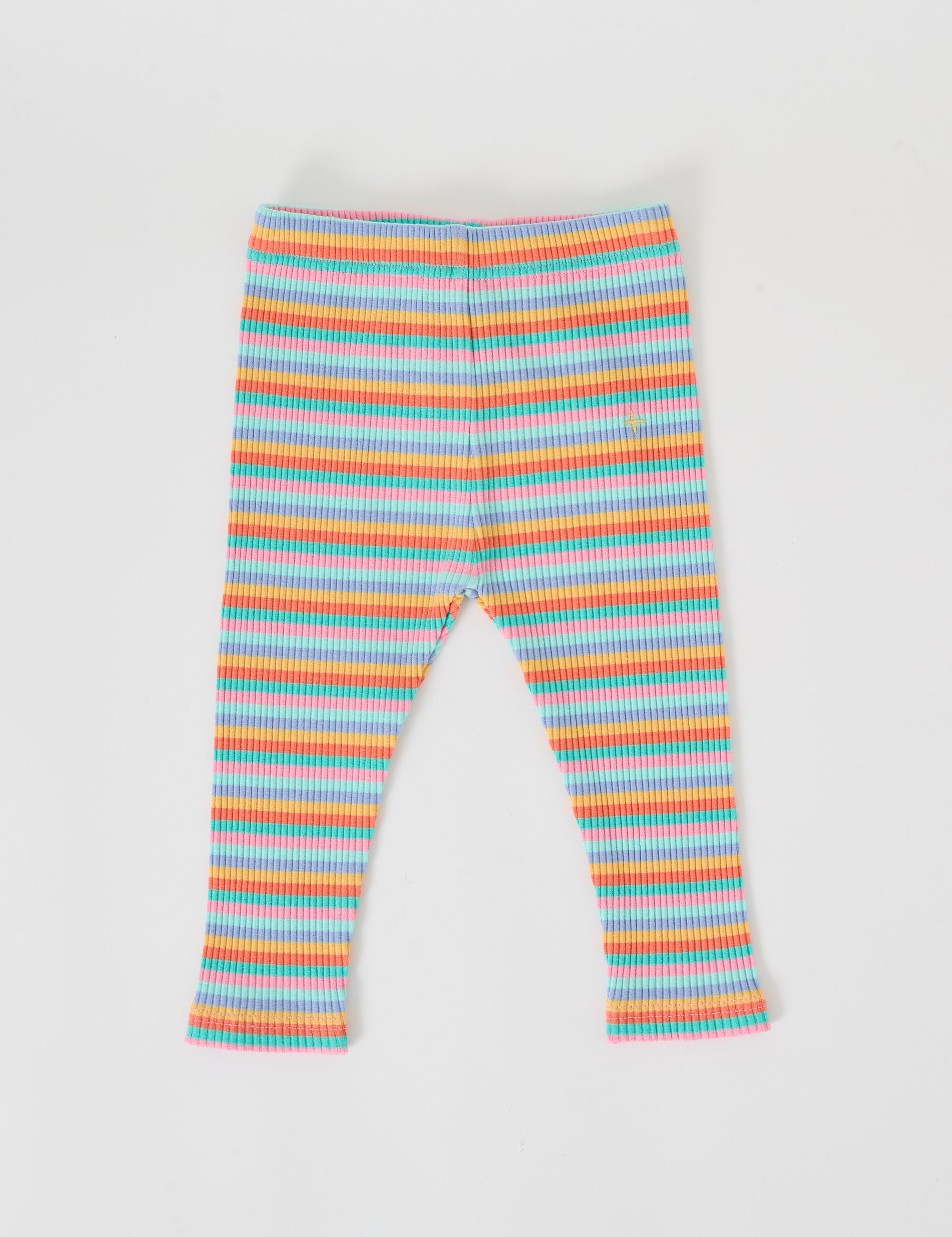 The Goldie + Ace Candy Stripe Rib Leggings, from GOLDIE + ACE, are colorful children's leggings featuring vibrant horizontal stripes in blue, yellow, orange, pink, and green. Made from a soft cotton/elastane blend with an elasticated waist and good stretch, they are displayed flat against a white background.