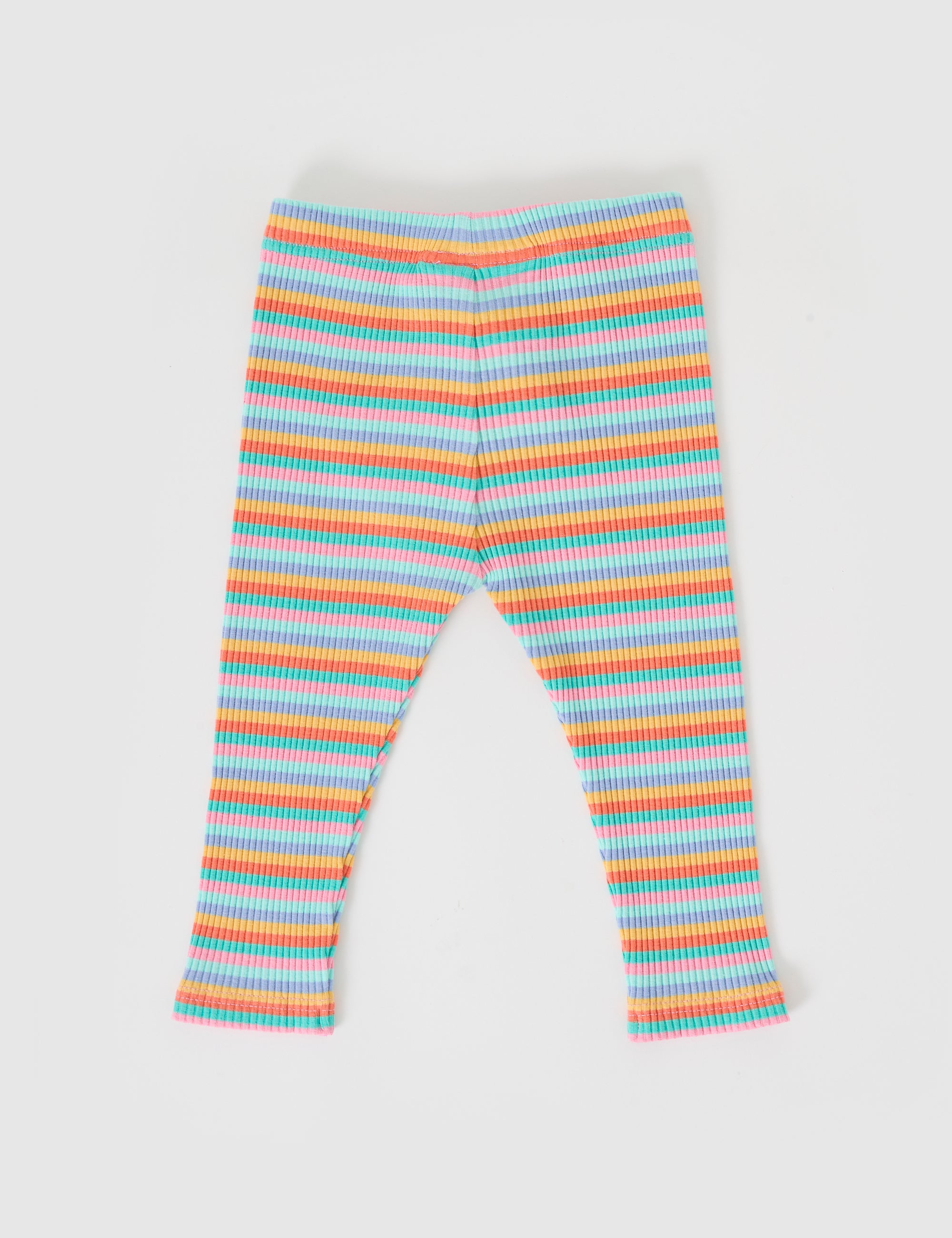 The Goldie + Ace Candy Stripe Rib Leggings by GOLDIE + ACE feature vibrant colorful stripes on a white background, with an elasticated waist for comfort. Crafted from a Cotton/Elastane blend, they offer excellent stretch and maximum comfort.