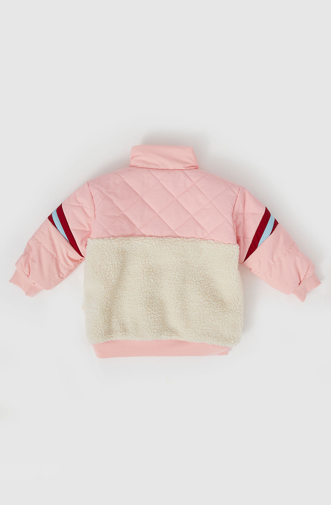 The back of the kobe shearling jacket in tulip pink.