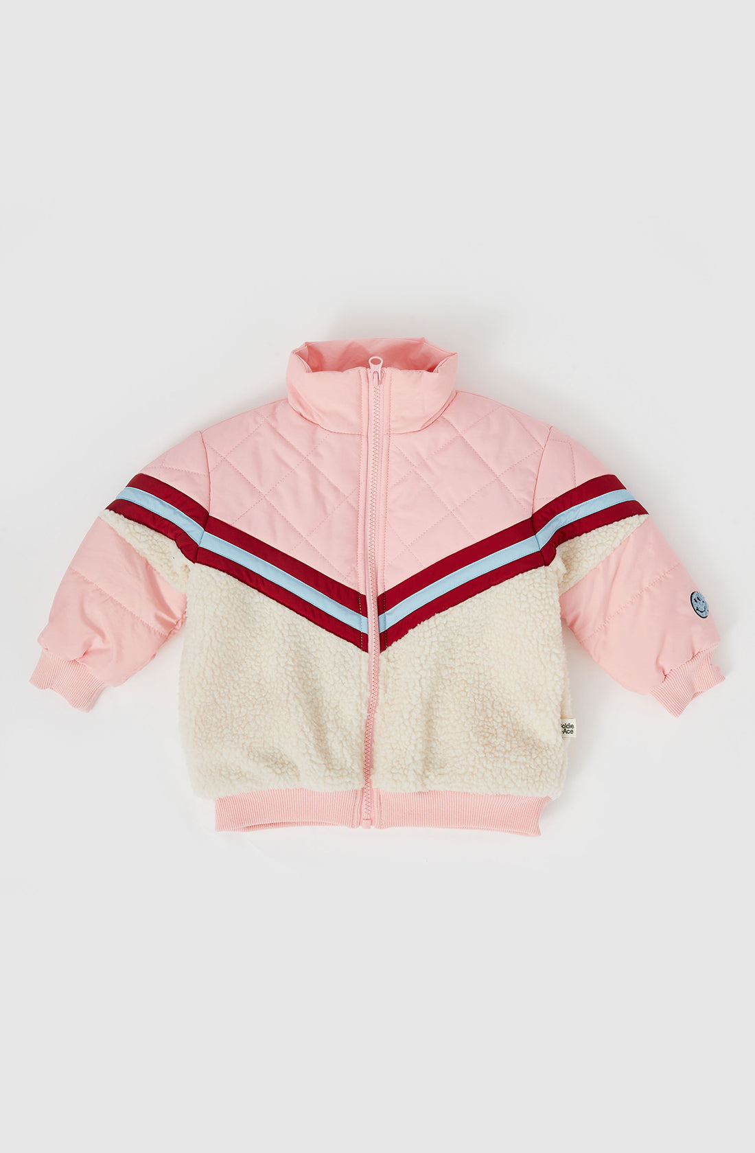 The front of the kobe shearling jacket in tulip pink.