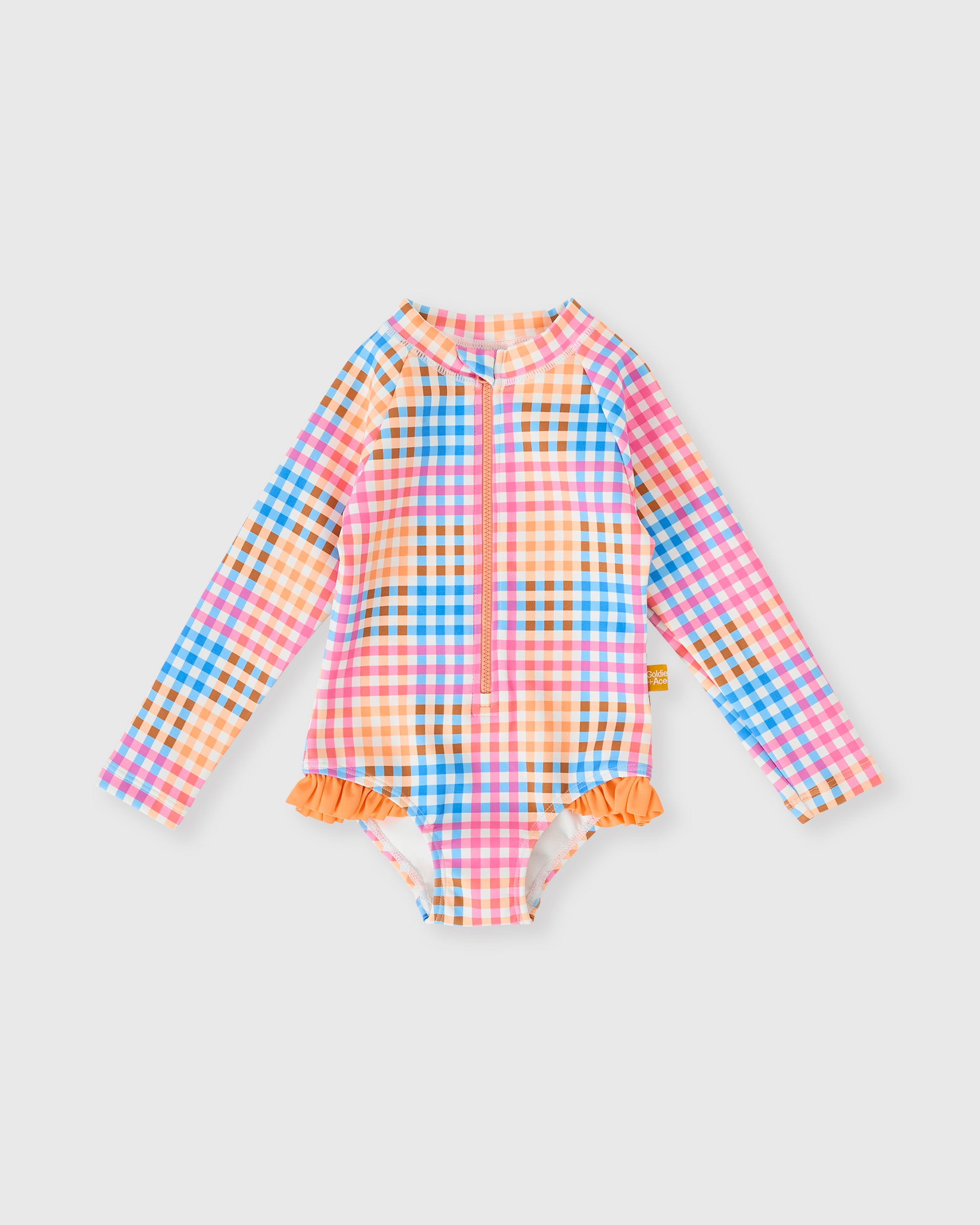 Goldie + Ace - Rainbow Gingham Long Sleeve Frill Swimsuit