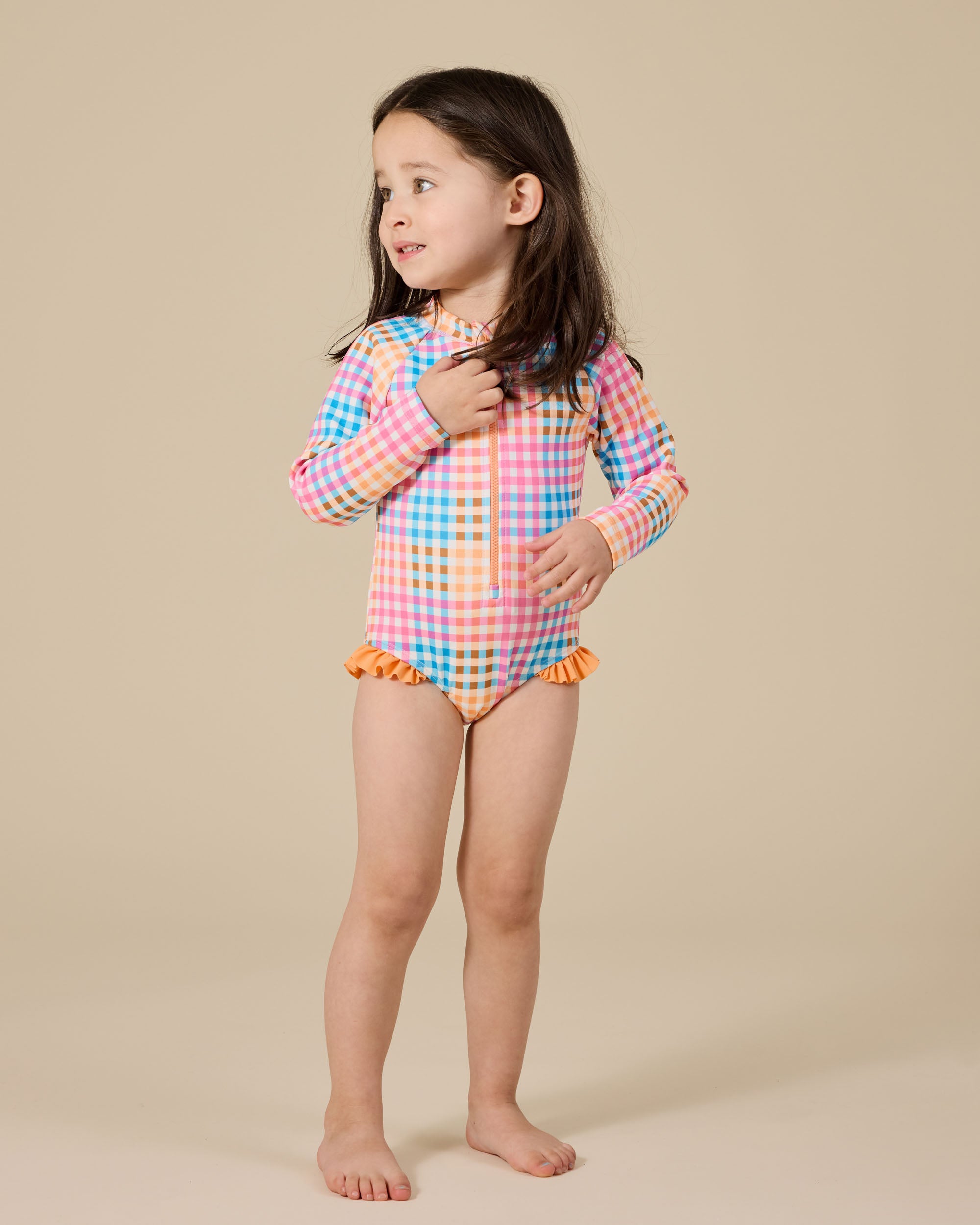 Goldie + Ace - Rainbow Gingham Long Sleeve Frill Swimsuit