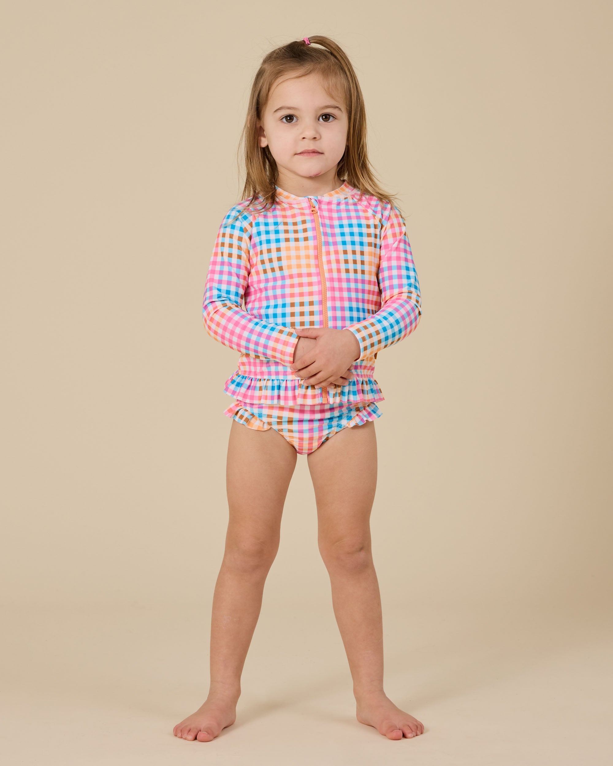 Goldie + Ace - Rainbow Gingham Long Sleeve Frill Swimsuit
