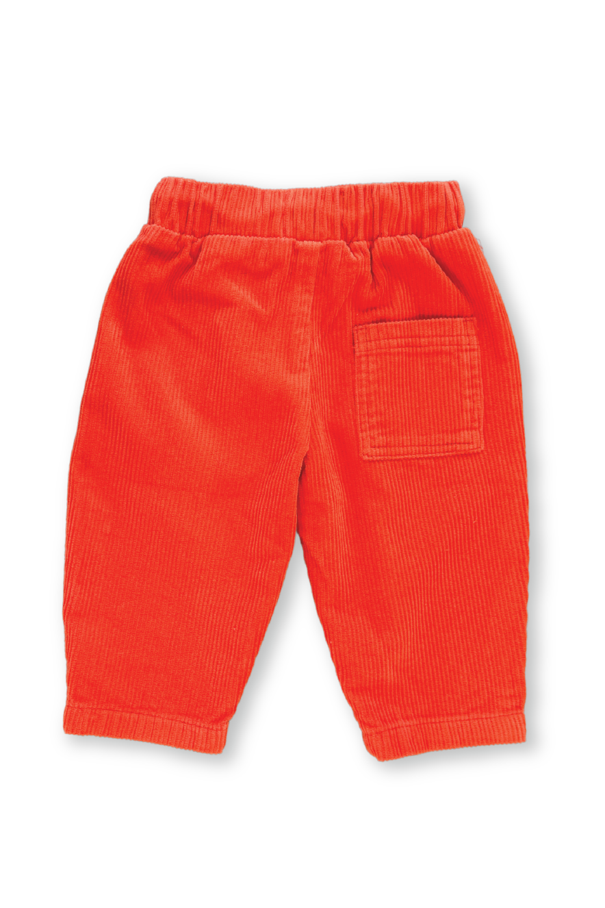 GROWN's Grown ~ Organic Cord Pant Tomato for toddlers are bright orange corduroy pants made from soft organic cotton, featuring an elastic waistband and a single back pocket, shown on a plain white background.