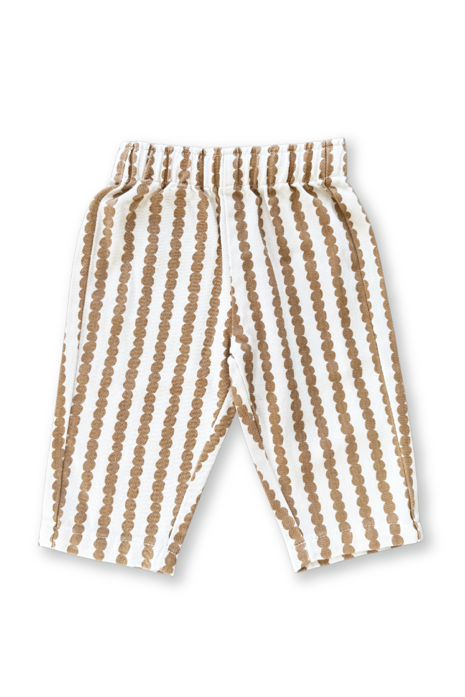 The adorable Grown ~ Everyday Denim Jeans Stacked Pebble by GROWN feature vertical light brown polka dot stripes, a comfy elastic waistband, and are crafted from organic cotton denim for a relaxed fit. They're perfect for playful days and gentle on delicate skin, laid flat against a white background.