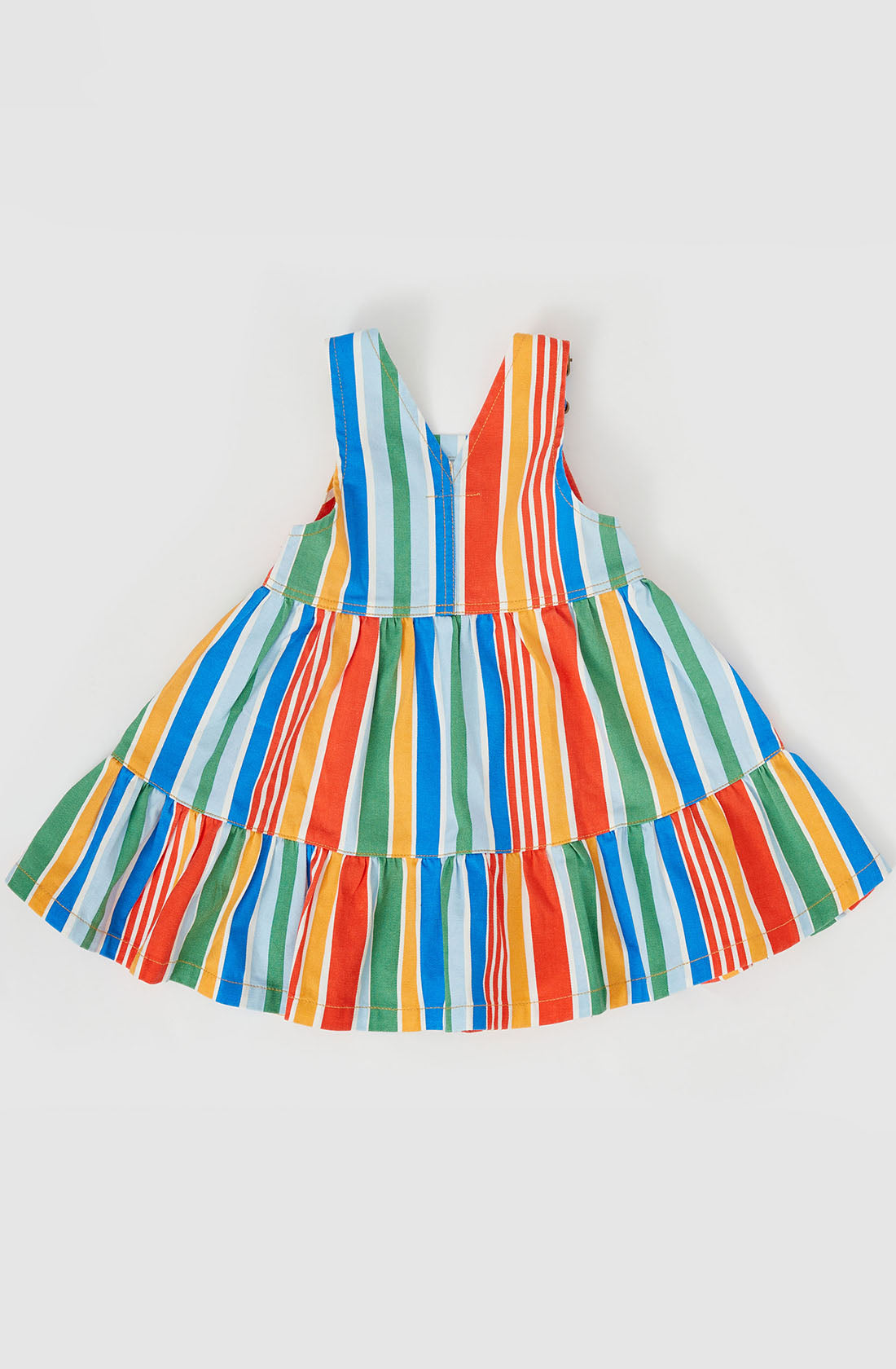 The Tully Tiered Pinafore Dress from GOLDIE + ACE features a playful and colorful design with vibrant vertical stripes in shades of red, blue, green, orange, and yellow. This sleeveless dress includes adjustable straps and a fitted bodice with a V-shaped neckline, complemented by a flared, tiered skirt that adds volume for an added touch of fun. The dress is displayed laid flat against a white background.