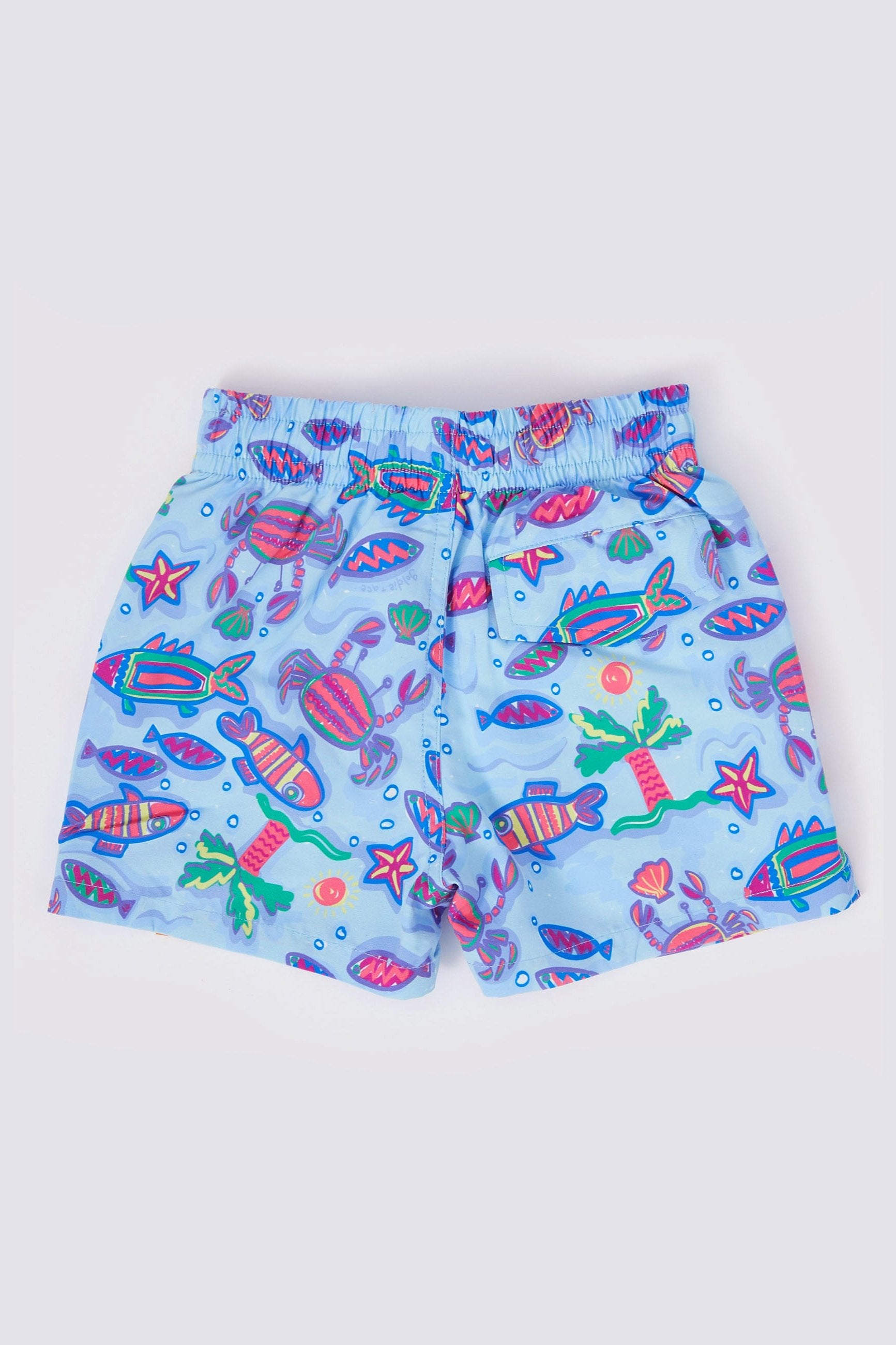 The Daydream Island Board Shorts by GOLDIE + ACE are light blue children's shorts that boast a vibrant sea-themed print with fish, crabs, and starfish. Made from microfibre twill, these shorts include an elastic waistband with a functional drawstring and a back pocket.
