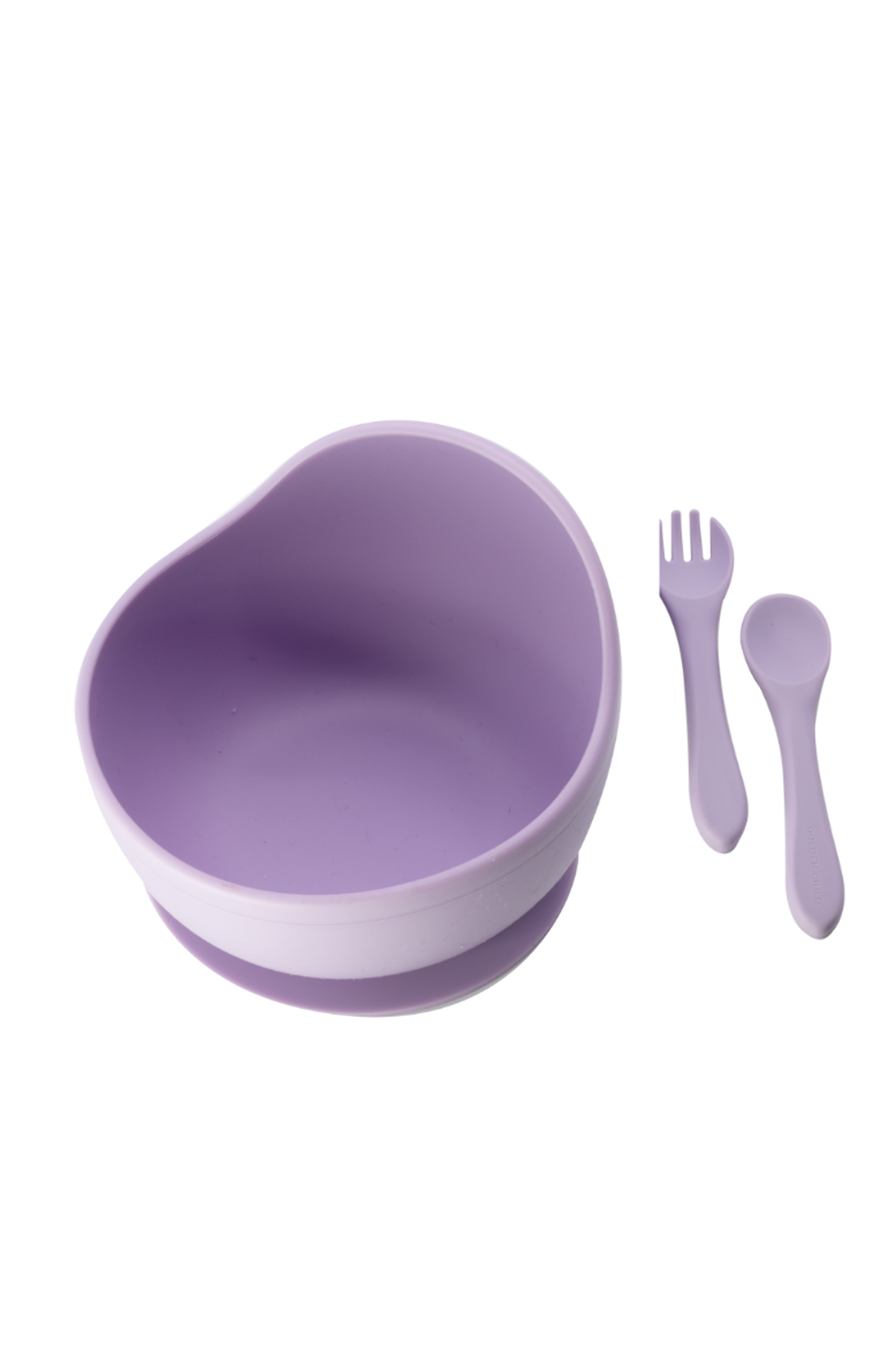 Three piece children’s BPA free silicone feeding set in lilac.