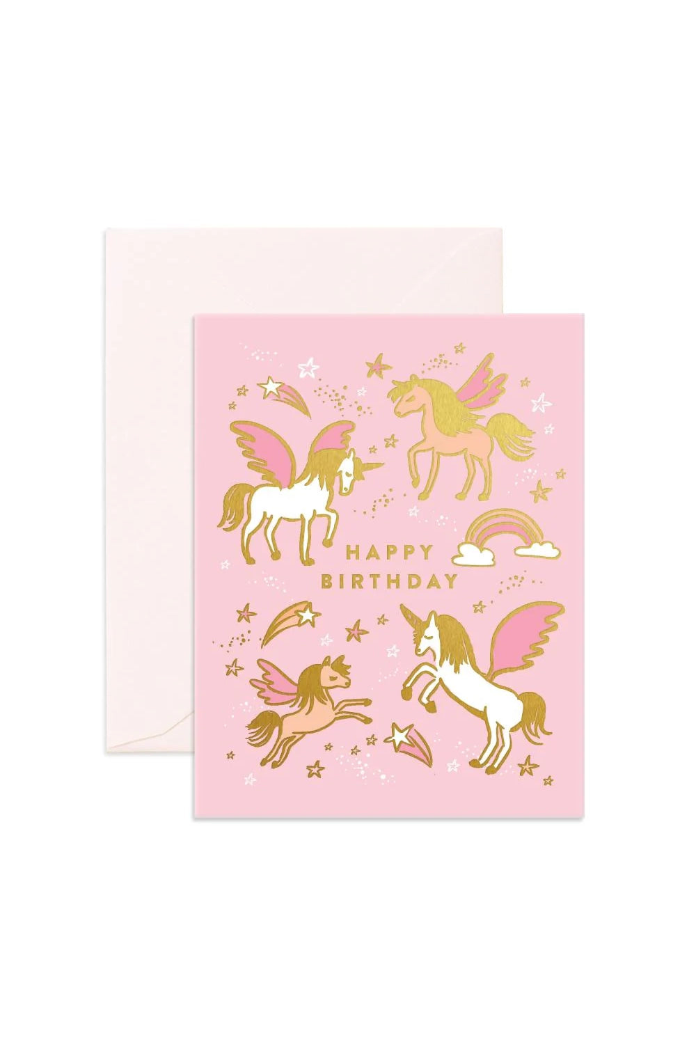 Introducing the "Happy Birthday Unicorns Greeting Card" by FOX & FALLOW: a pink foil card embellished with gold unicorns and stars, ideal for a magical birthday celebration.