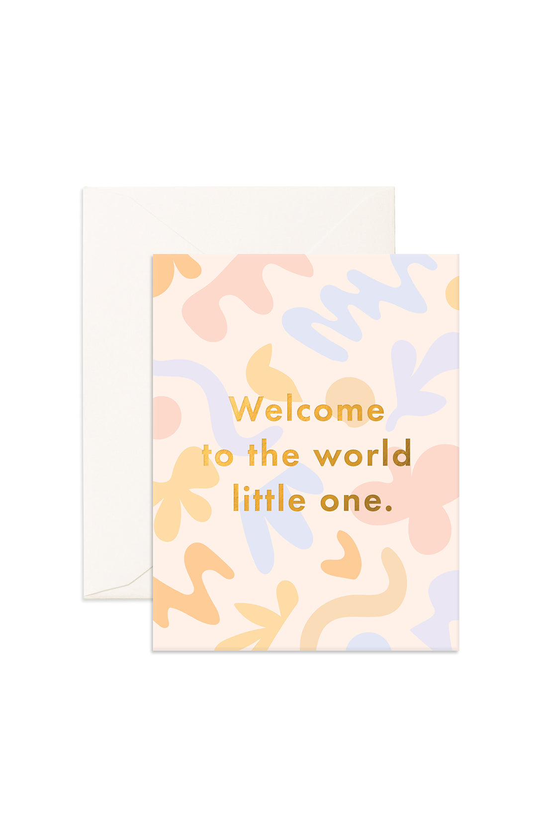 The Fresco Greeting Card by Fox & Fallow with blue, red and orange wavy shapes across the background and the words "Welcome to the world little one" in the centre of the card.