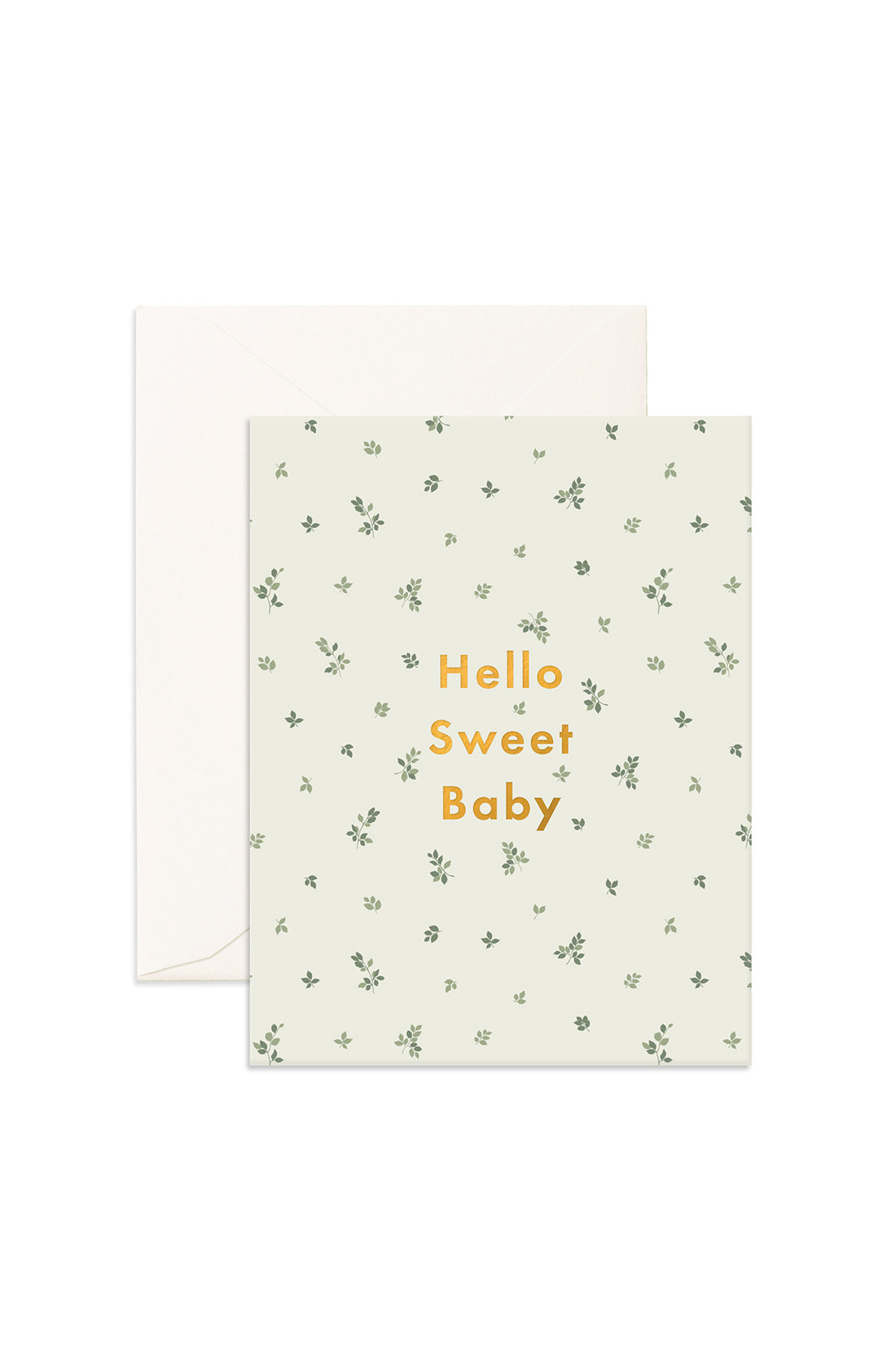 A light green card with the words "Hello Sweet Baby" on it with green leaves on the background by Fox & Fallow.