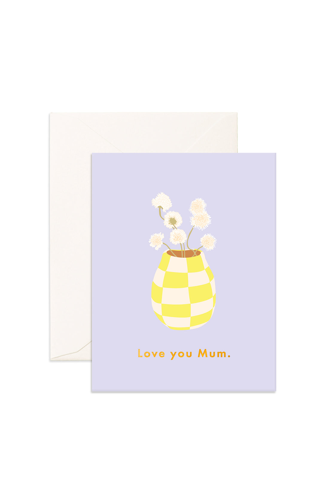 The 'Love You Mum' Vase Greeting Card by Fox & Fallow  with a checkered yellow and beige vase with white daisy flowers inside it. I has the words love you mum underneath the vase.