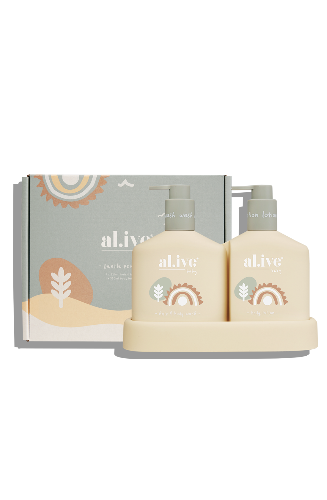 The al.ive hair and body duo gentle pair bottles with the cardboard packaging in the background.