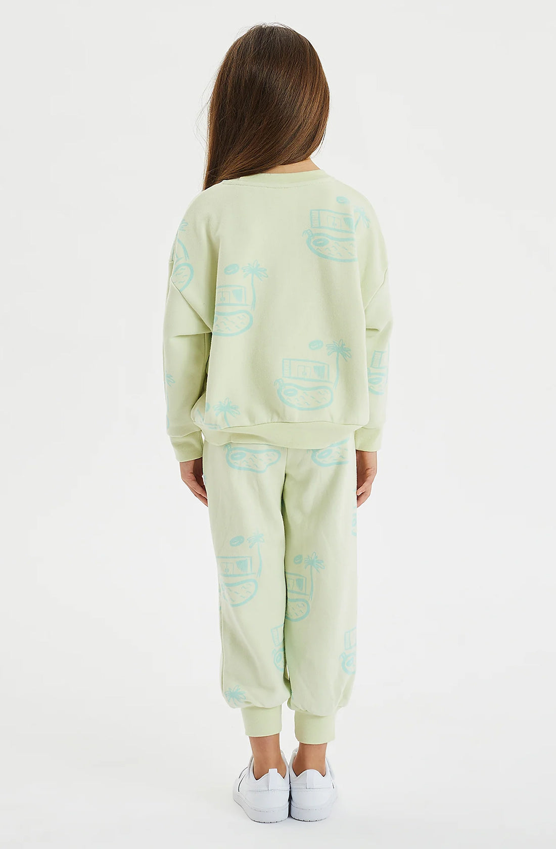 Rear view of girl wearing the pool house fleece set