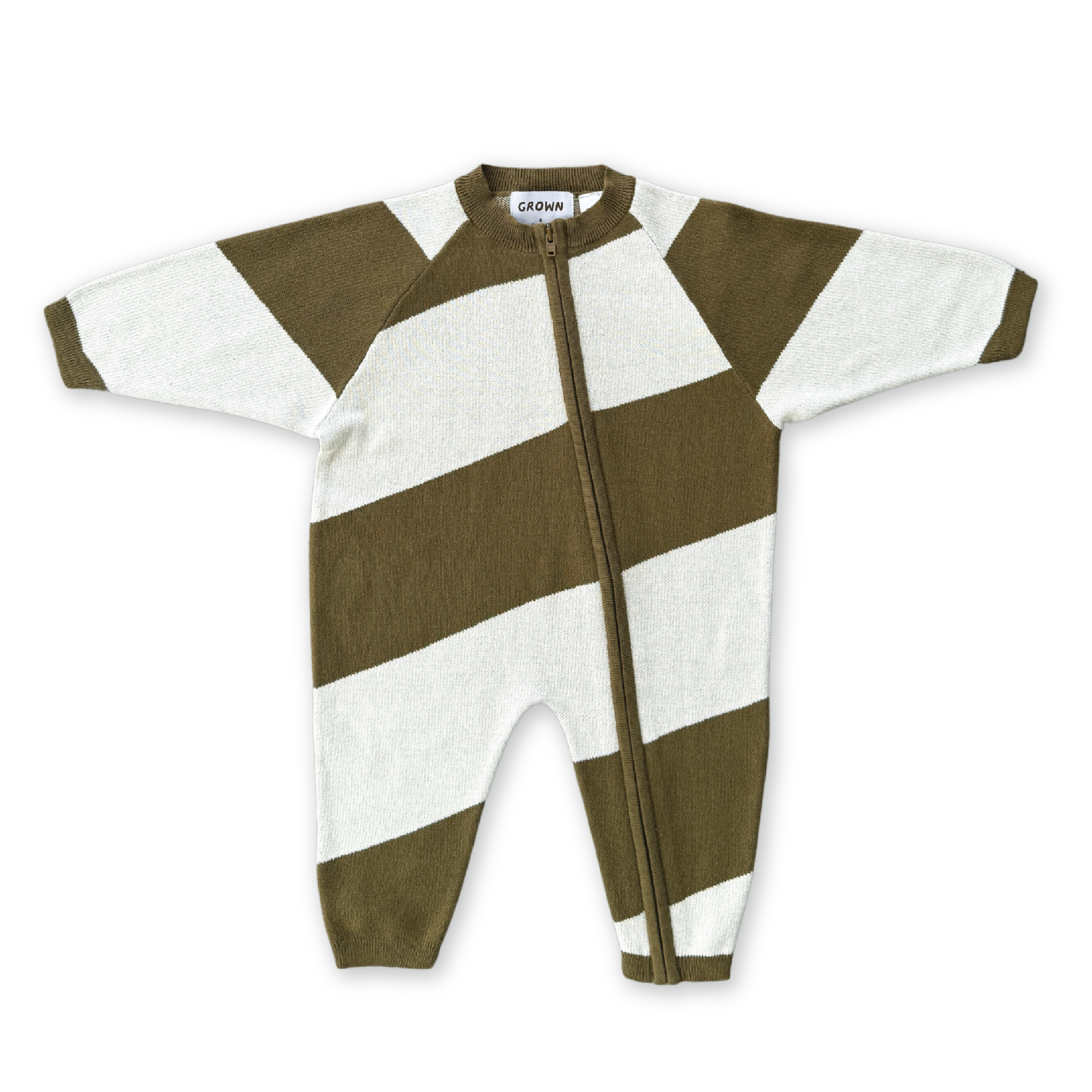 The GROWN Organic Essential Zip Starsuit Coffee Stripe is a long-sleeve, long-leg onesie in organic cotton with wide coffee-brown and white jacquard stripes and a central zipper, laid flat on a black background.
