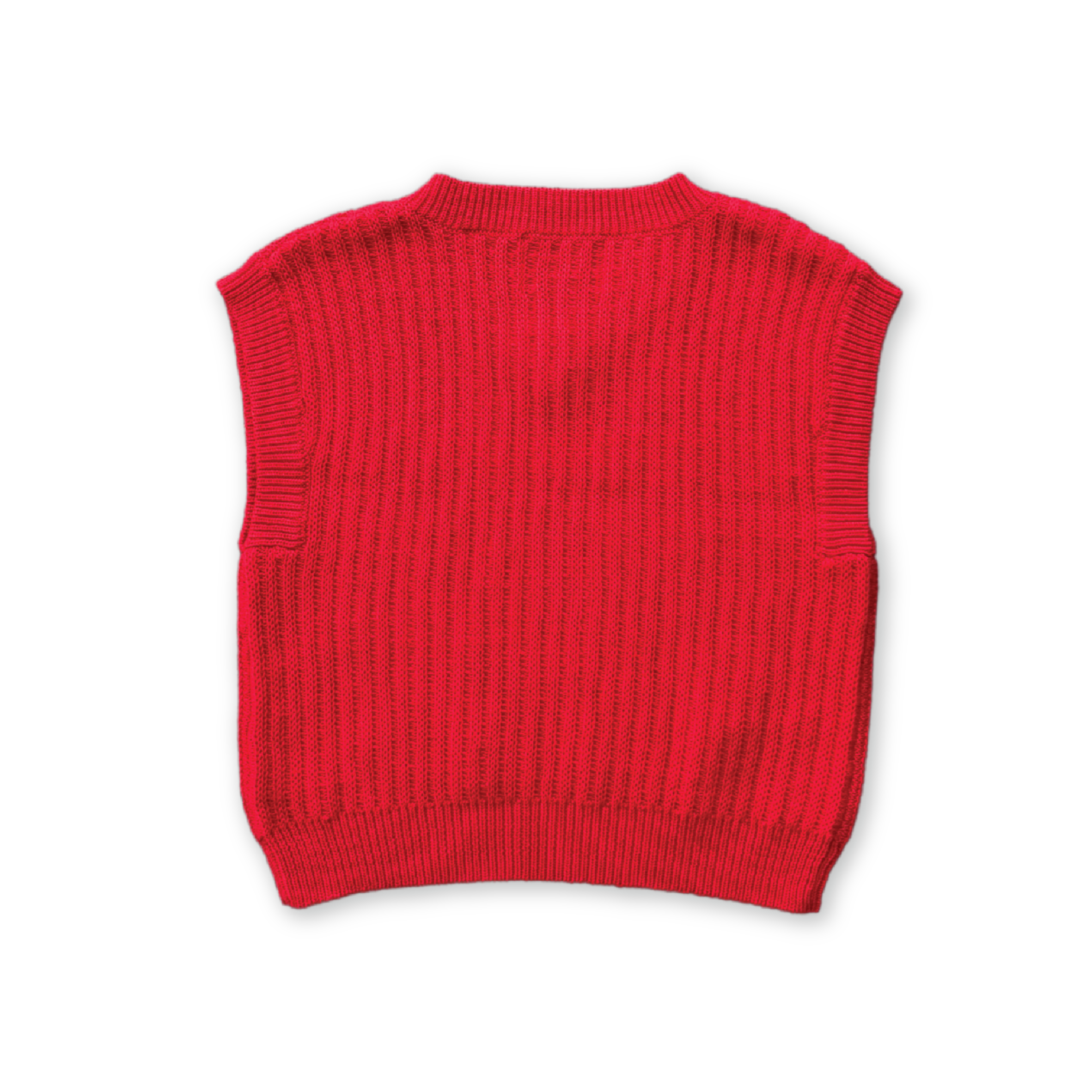 The GROWN Chunky Rib V-Neck Vest Flame is a red organic cotton sweater vest with a ribbed texture, v-neckline, and oversized fit, displayed flat on a black background.