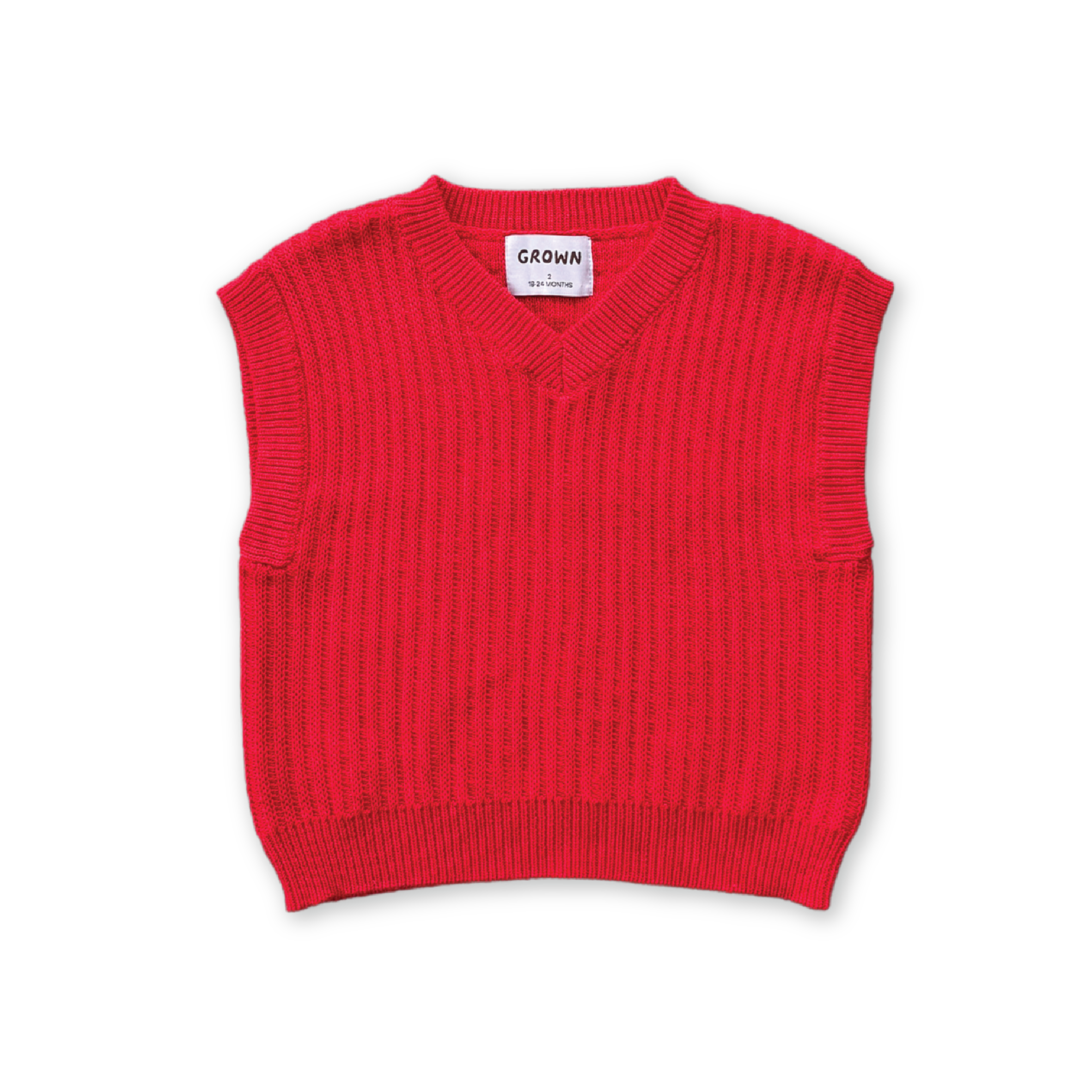 The GROWN Chunky Rib V-Neck Vest Flame is a sleeveless, oversized, bright red organic cotton vest with ribbed texture and an inner "GROWN" label, shown against a solid black background.