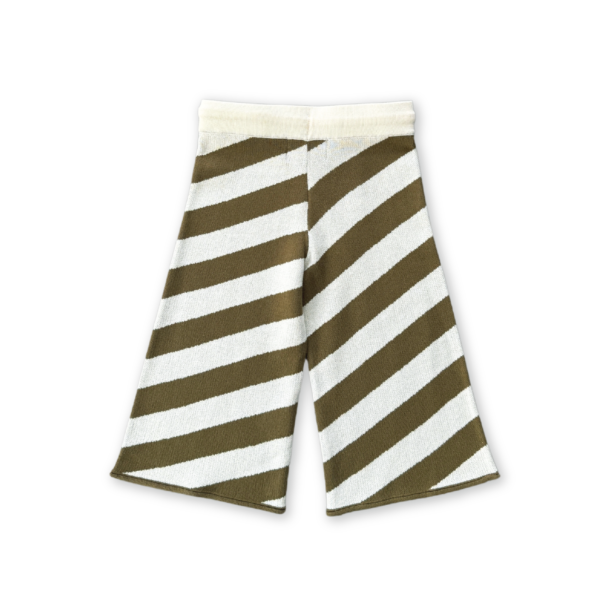 GROWN's Diagonal Stripe Knit Flares feature a high waist, elastic waistband, and wide legs in organic cotton with olive green and white diagonal stripes, shown on a black background.