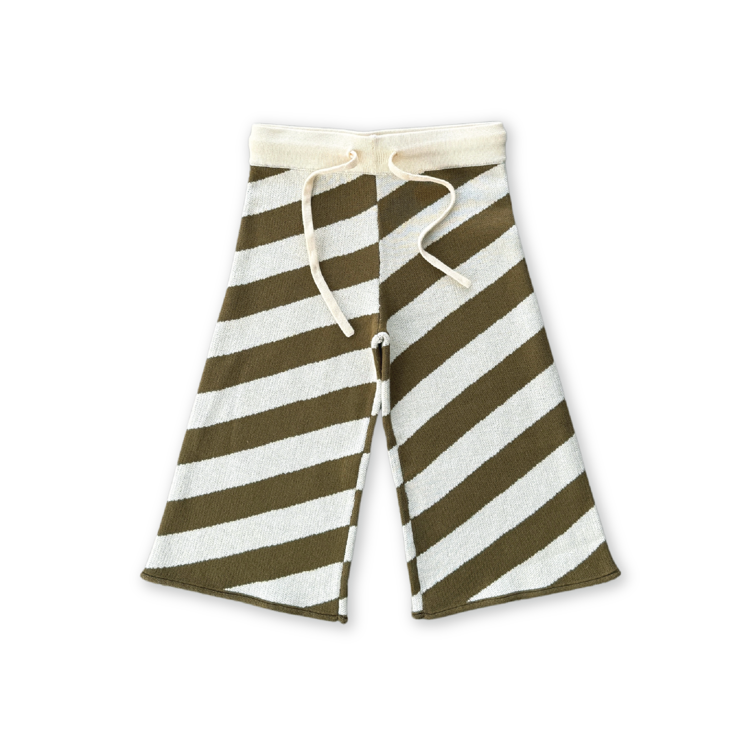 The GROWN Diagonal Stripe Knit Flares feature a wide-leg design with an elastic waistband and cream drawstring, crafted from organic cotton jacquard in bold olive green and white diagonal stripes on a black background.