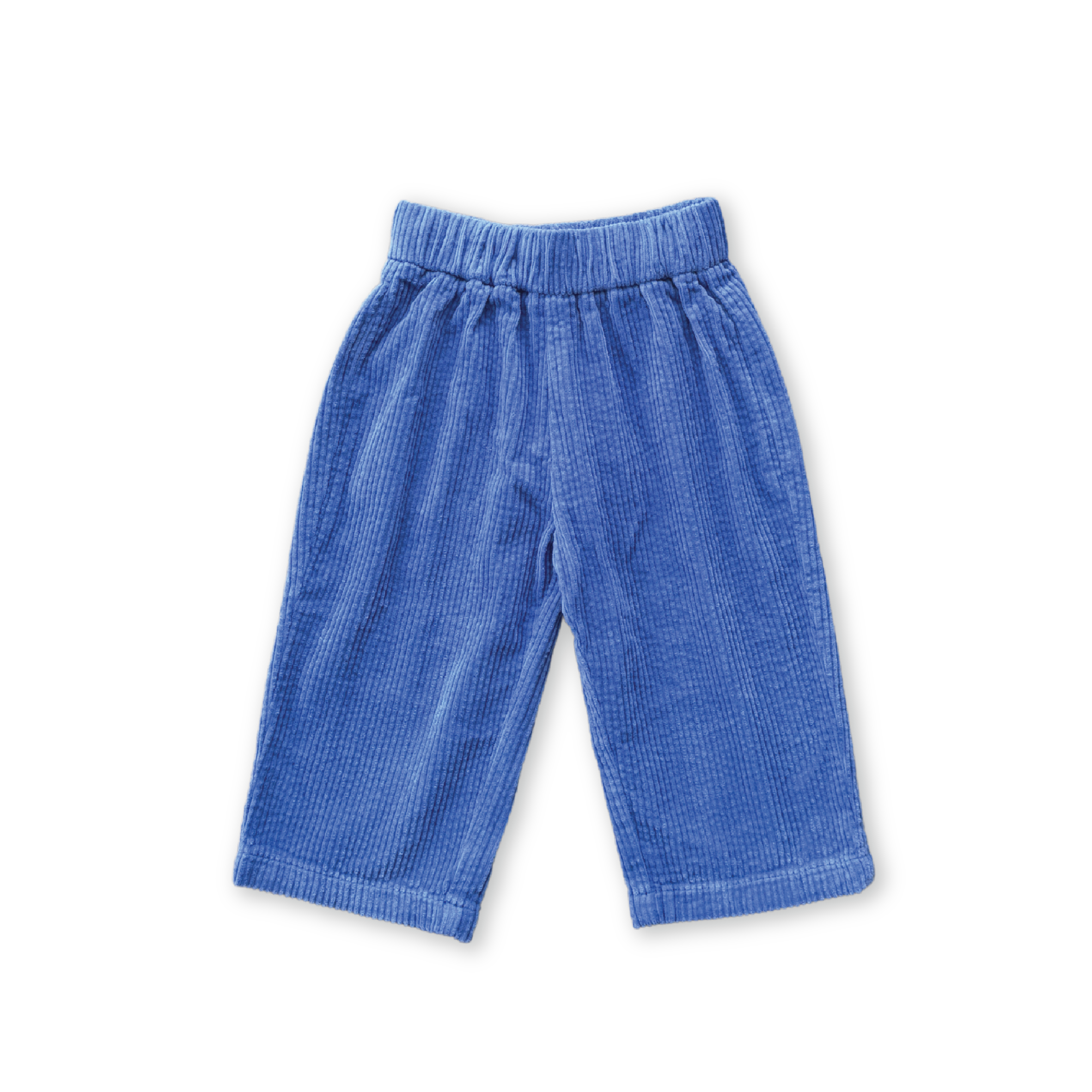 The GROWN Organic Relaxed Cord Pant Sea, featuring a relaxed fit and elastic waistband, made from organic cotton in blue, is laid flat on a black background.