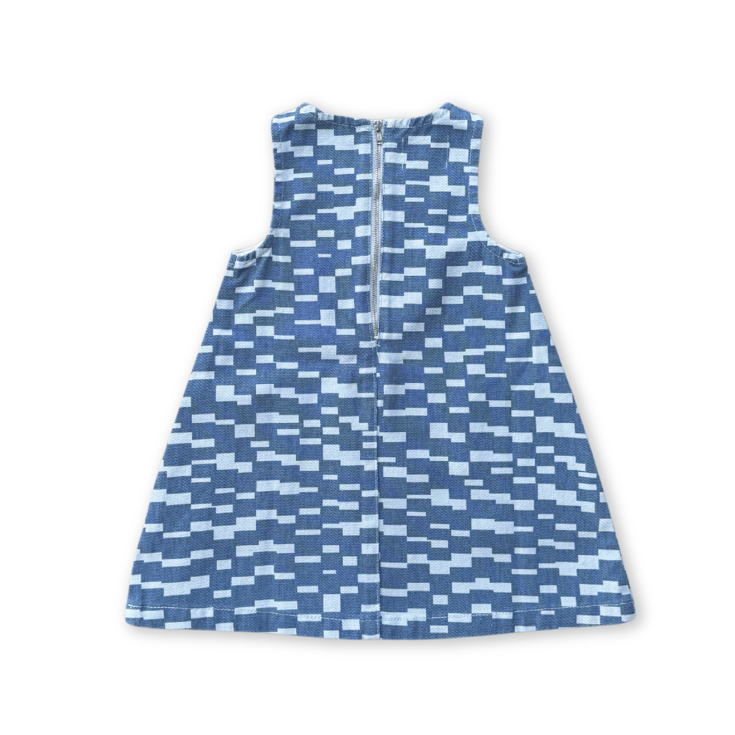 The GROWN Boxes Denim Dress is a sleeveless, A-line style made from organic cotton denim with a blue and white geometric block pattern and back zipper, shown laid flat on a black background.