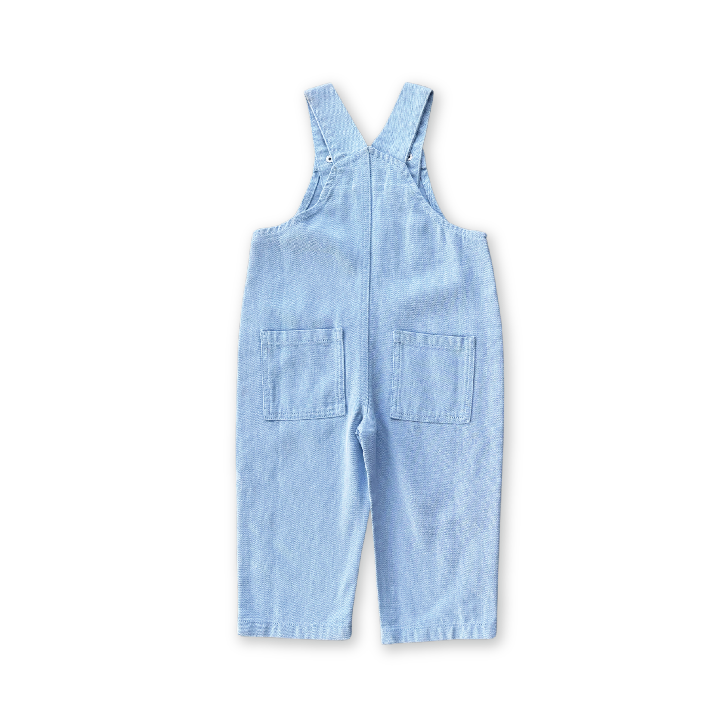 The GROWN Organic Embroidery Posy Overalls in light blue organic cotton denim feature two front pockets, shoulder straps, and metal press snaps, displayed flat on a black background.