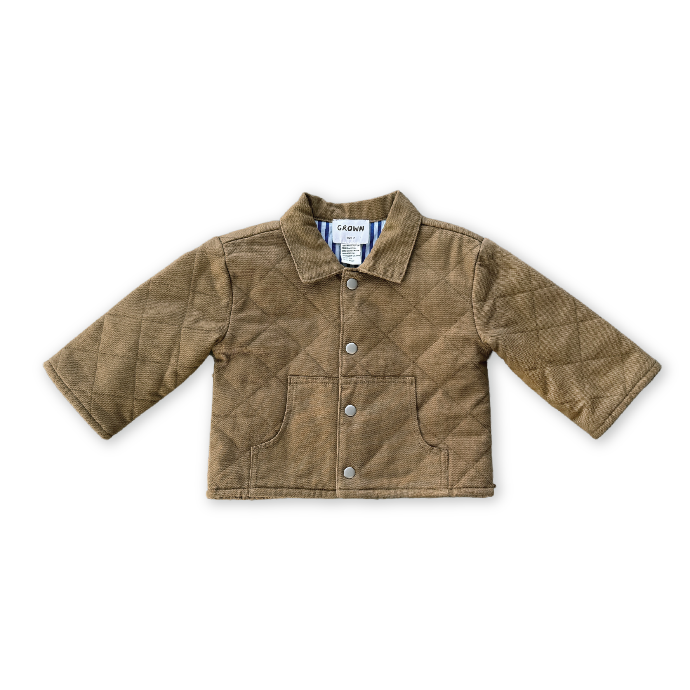 The GROWN Organic Quilted Denim Jacket Coffee features a tan color, long sleeves, denim collar, front snap buttons, and two large front pockets, shown against a black background.
