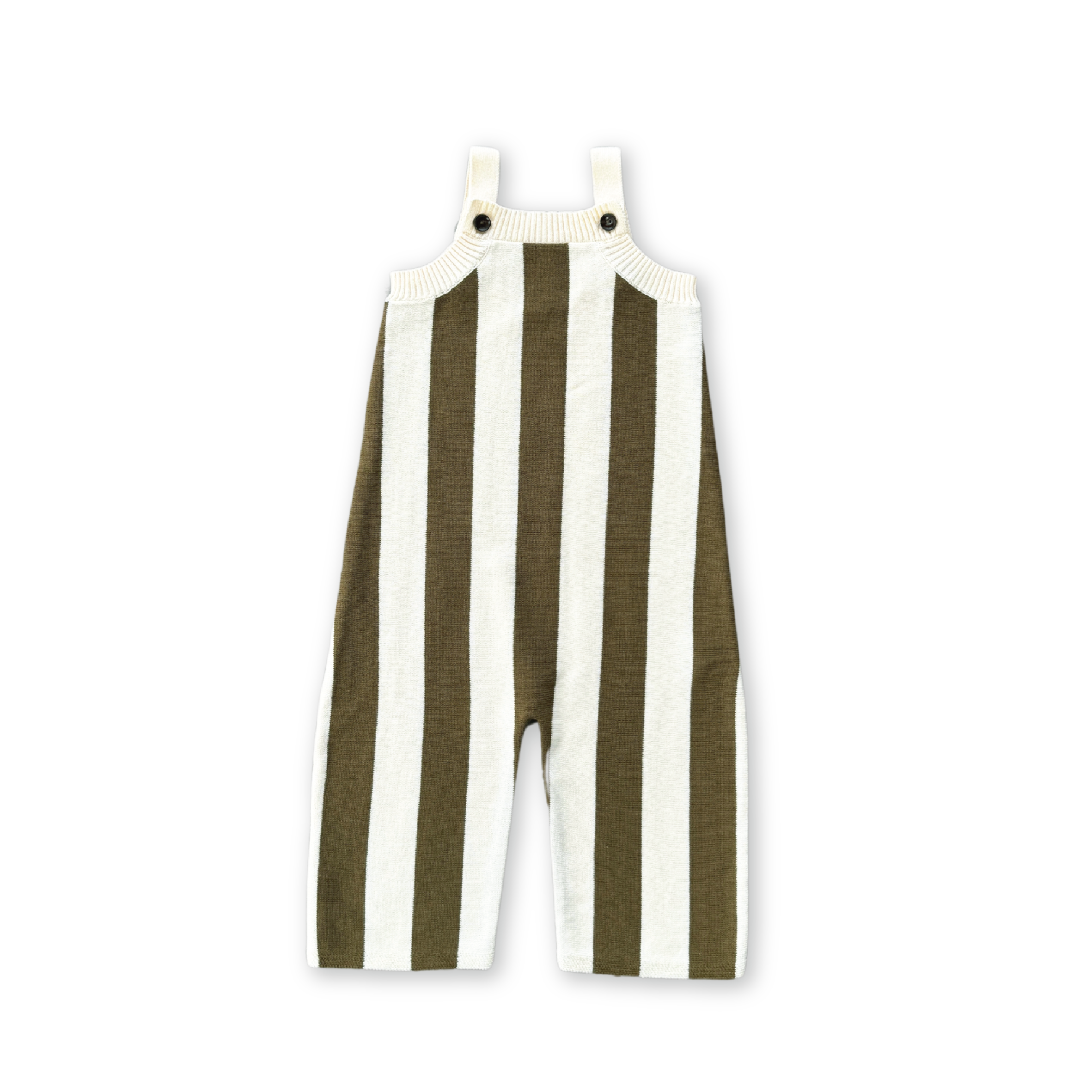The GROWN - Vertical Stripe Knit Overalls are children’s overalls in wide brown and white stripes, made from organic cotton, with adjustable button straps and a loose fit, shown on a black background.