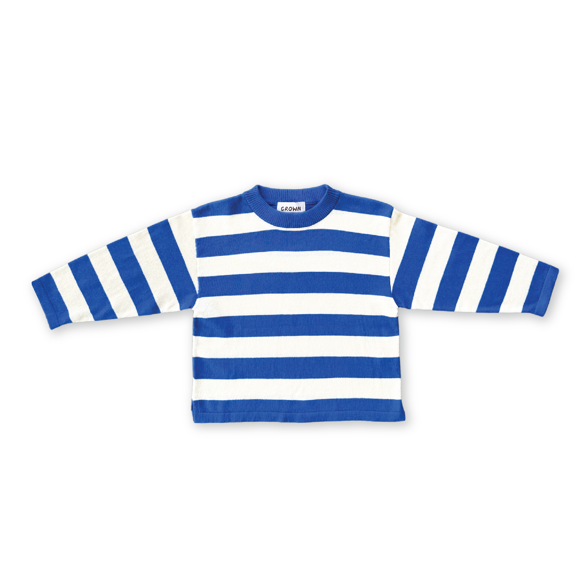 The GROWN Stripe Long Sleeve Tee by GROWN features blue and white yarn-dyed stripes, a crew neck, and is crafted from organic cotton. Shown here laid flat on a black background.