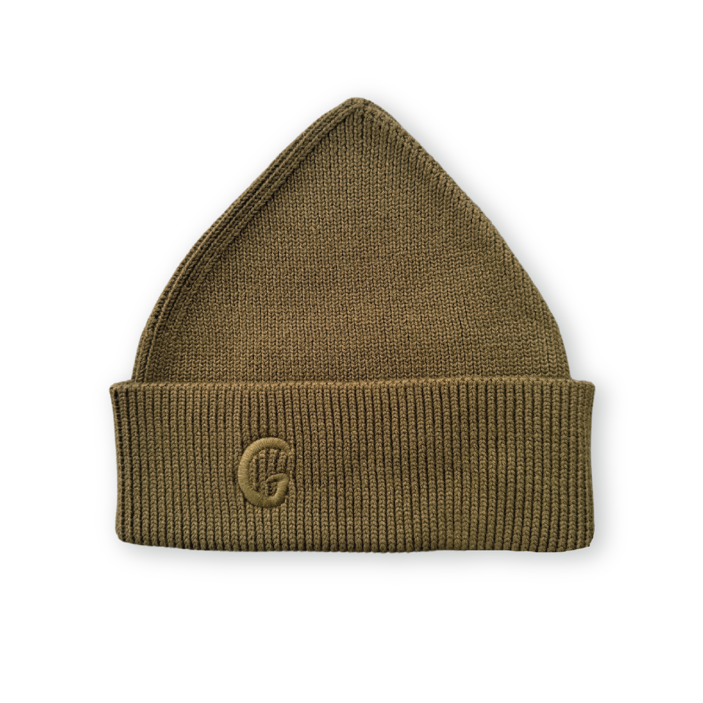 The GROWN Organic Ribbed Super Pixie Beanie in Coffee features a pointed top, folded brim, and embroidered "G" logo. Made from organic cotton, it's shown on a black background.