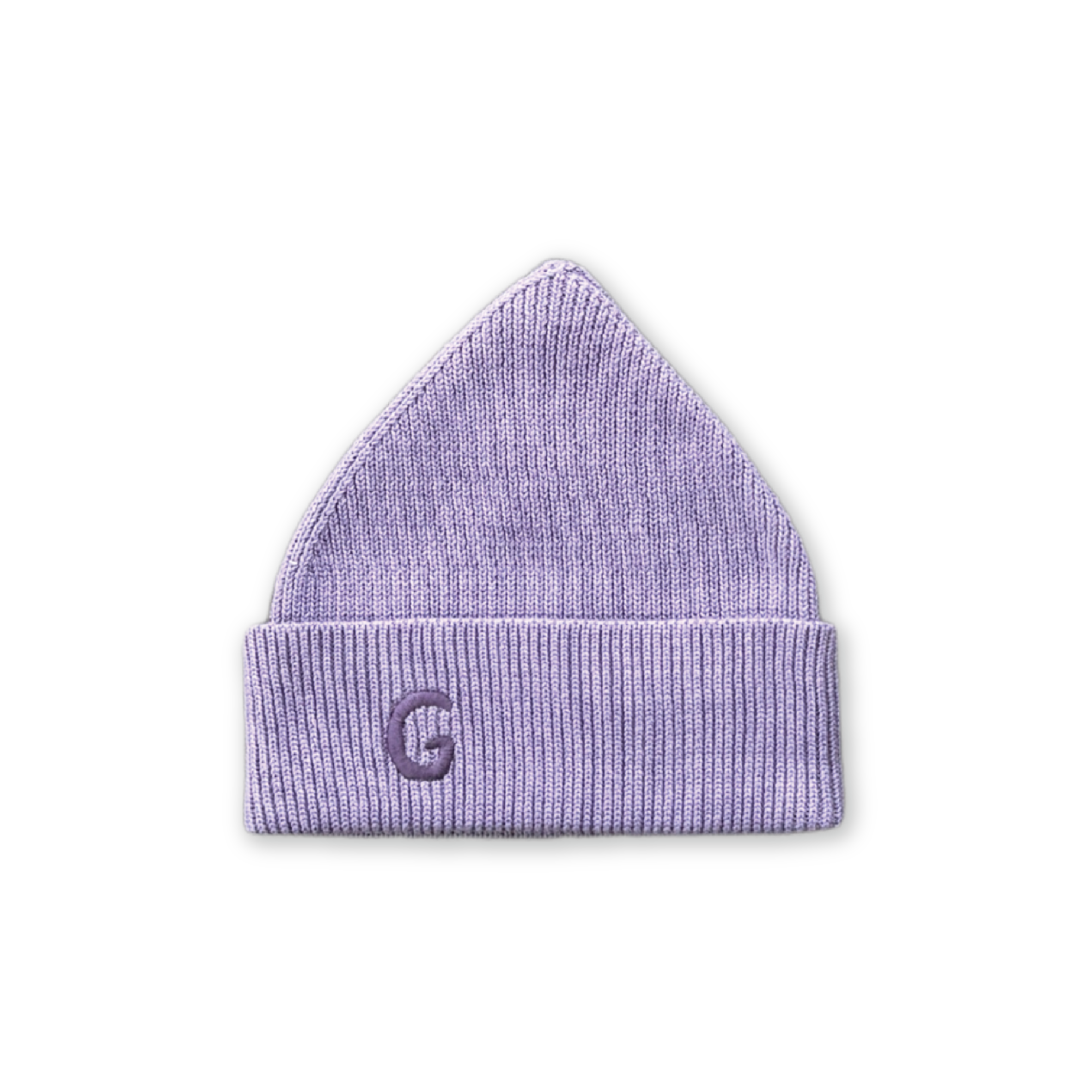 The GROWN Organic Ribbed Super Pixie Beanie in Mauve features a pointed top, folded brim, and embroidered “G” on the front. Made from organic cotton, it’s displayed against a black background.