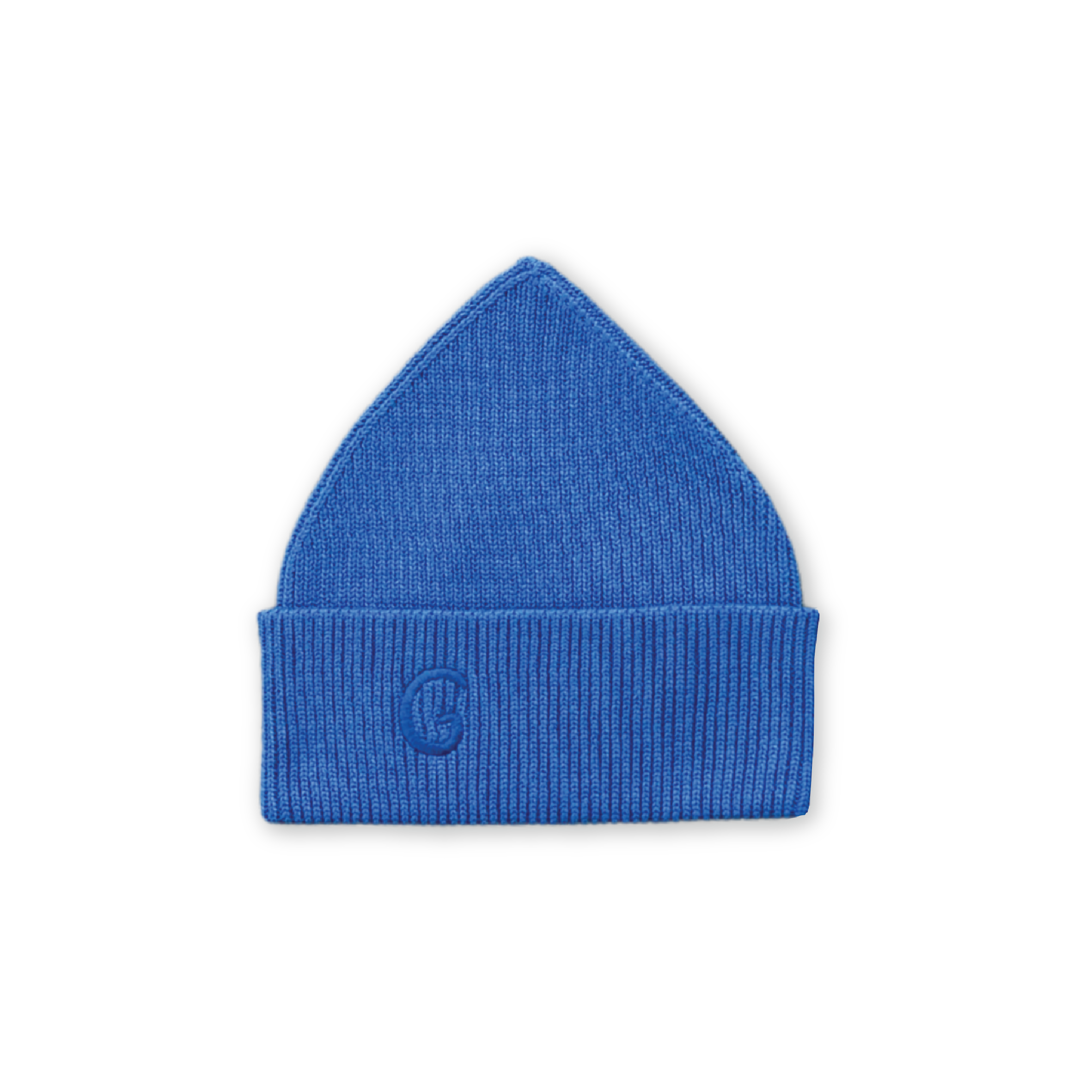 The GROWN Organic Ribbed Super Pixie Beanie Sea features a blue pixie style with a pointed top, folded brim, and embossed logo, crafted from organic cotton. Displayed against a black background.