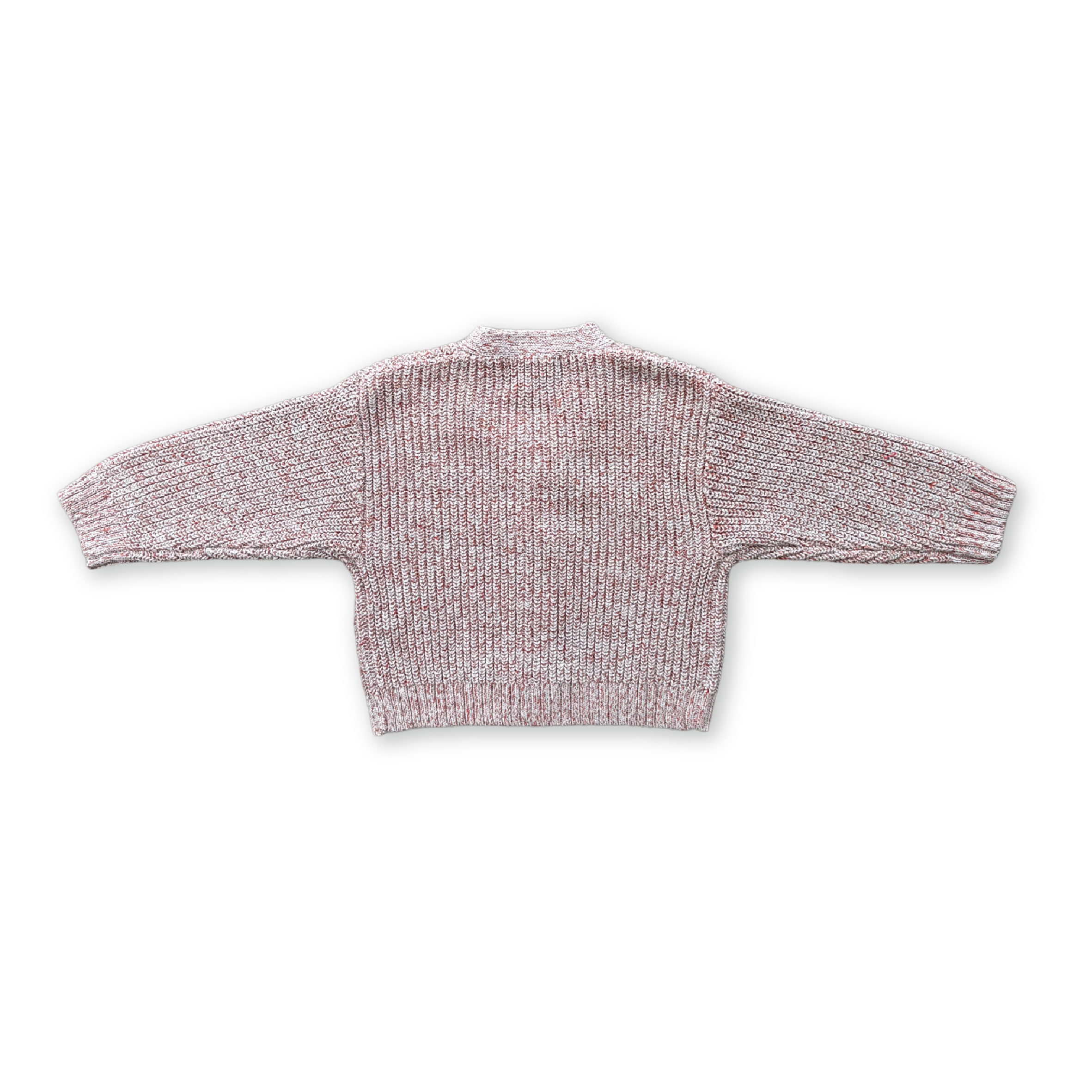 The GROWN Twisted Chunky Rib Cardigan by GROWN, shown in pink and white speckle, features long sleeves and a relaxed fit, displayed flat on a black background with the back view visible.