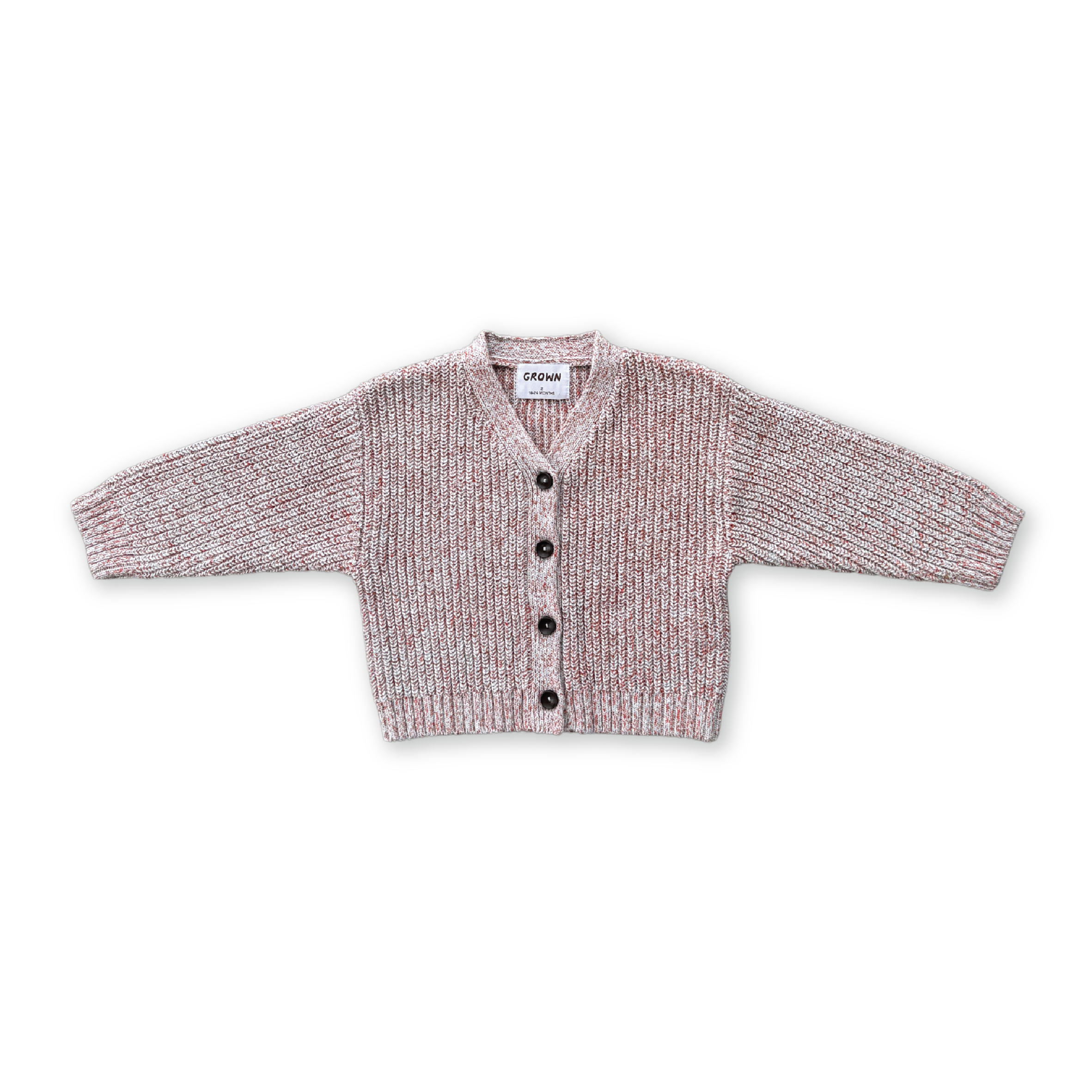 The GROWN Twisted Chunky Rib Cardigan features a light pink and gray speckled knit, long sleeves, chunky rib trim, a V-neck, and five dark front buttons. Displayed on a black background.