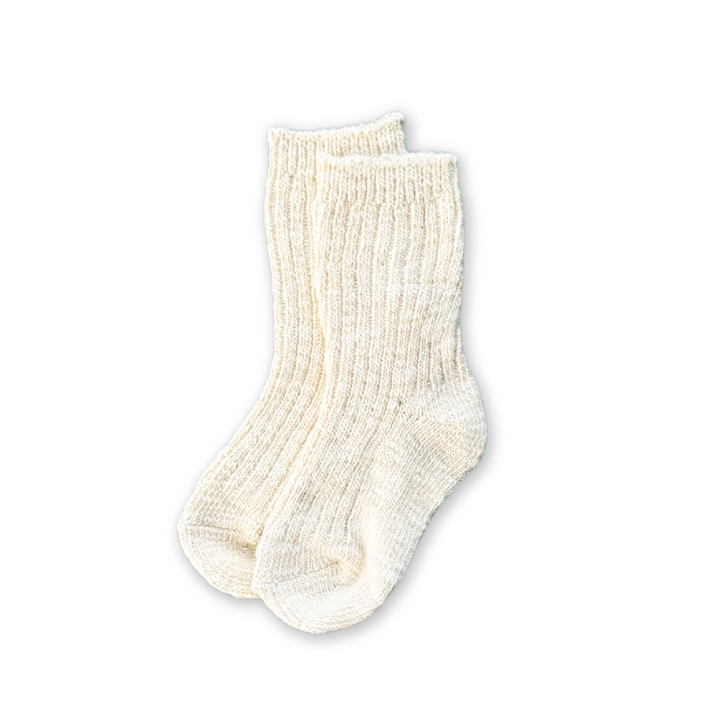 The GROWN Chunky Rib Sock Milk is an off-white, wool and elastane ribbed sock with ribbed cuffs for comfort, shown laid flat on a black background.