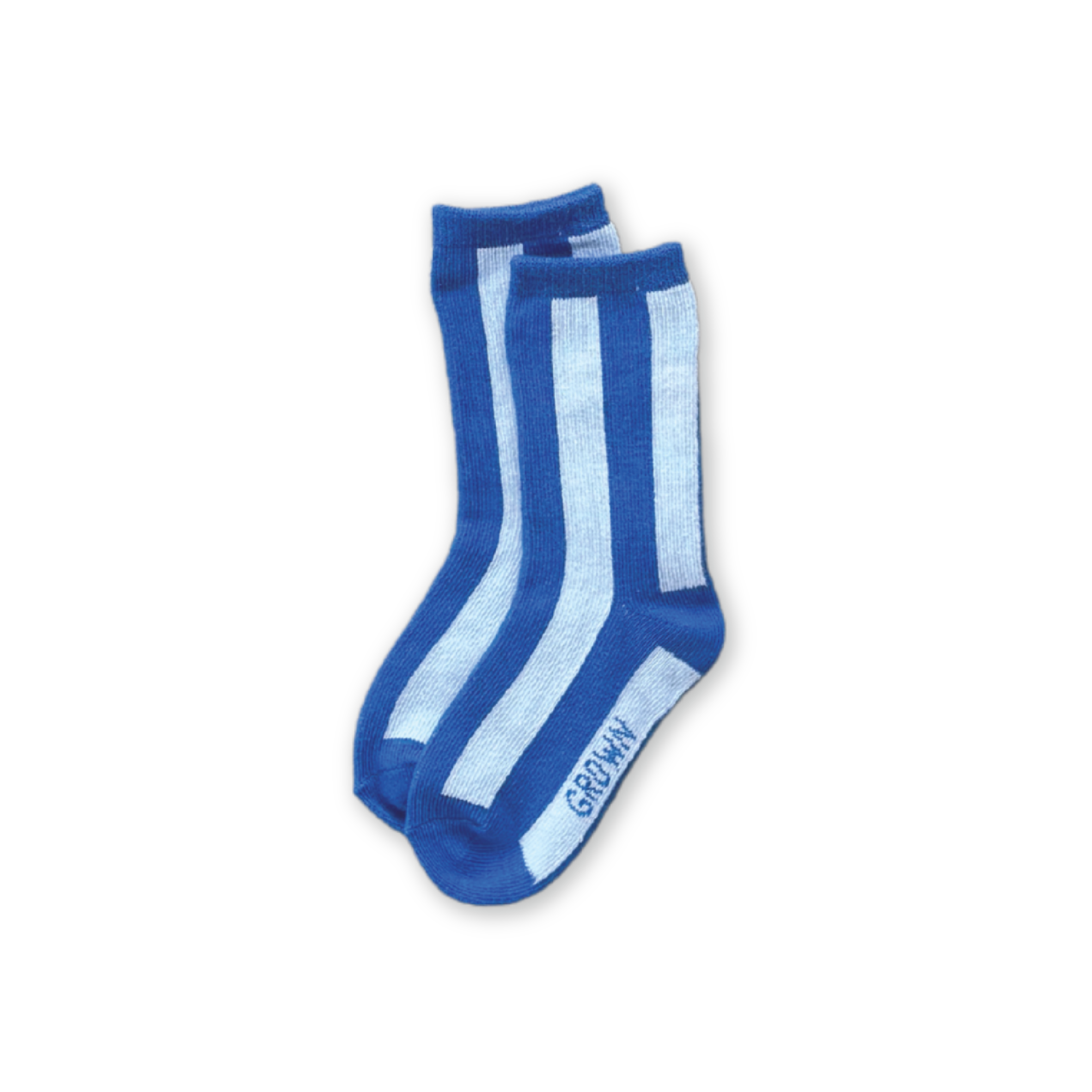 A pair of GROWN's "Grown - Striped Socks Sea," featuring blue and light blue vertical stripes and "GROUNY" near the toes, made from a soft cotton blend, is displayed on a black background.