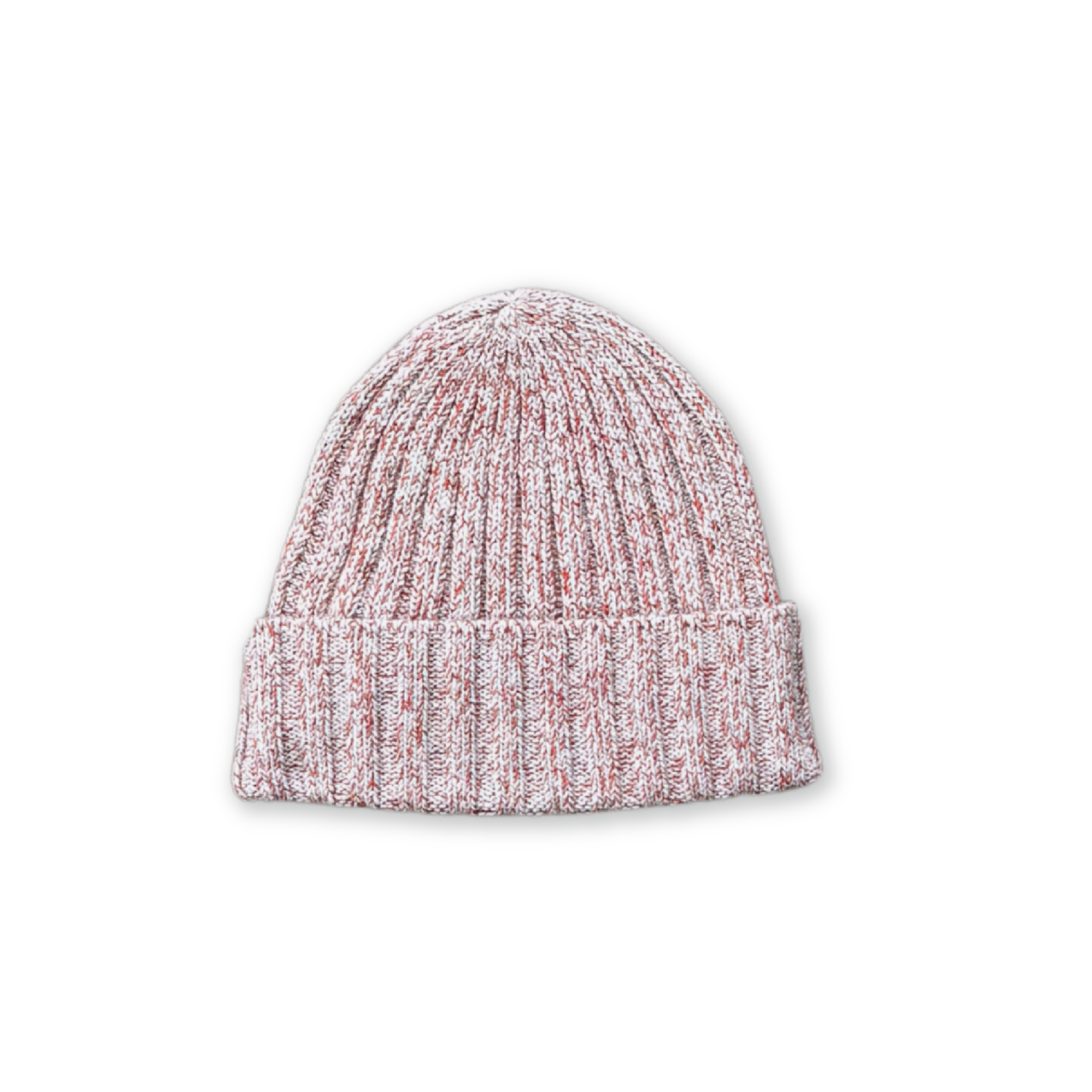 The Grown - Twisted Pixie Beanie by GROWN features a red and white marled knit with recycled polyester, a folded brim, and is shown against a black background.