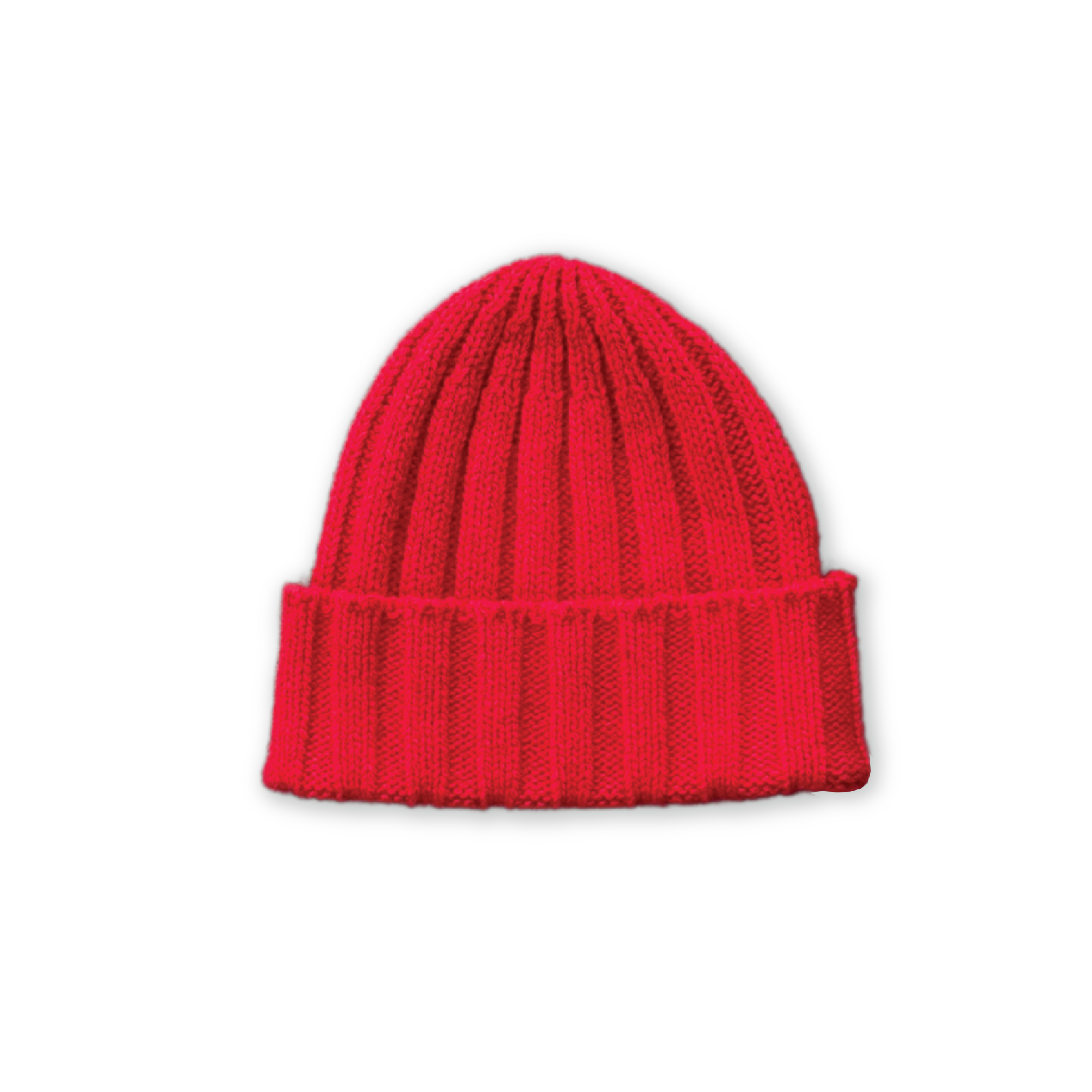 The GROWN Grown - Merino Blend Ribbed Beanie Flame is a bright red ribbed knit hat made from soft Merino blend wool with a folded cuff, shown on a solid black background.