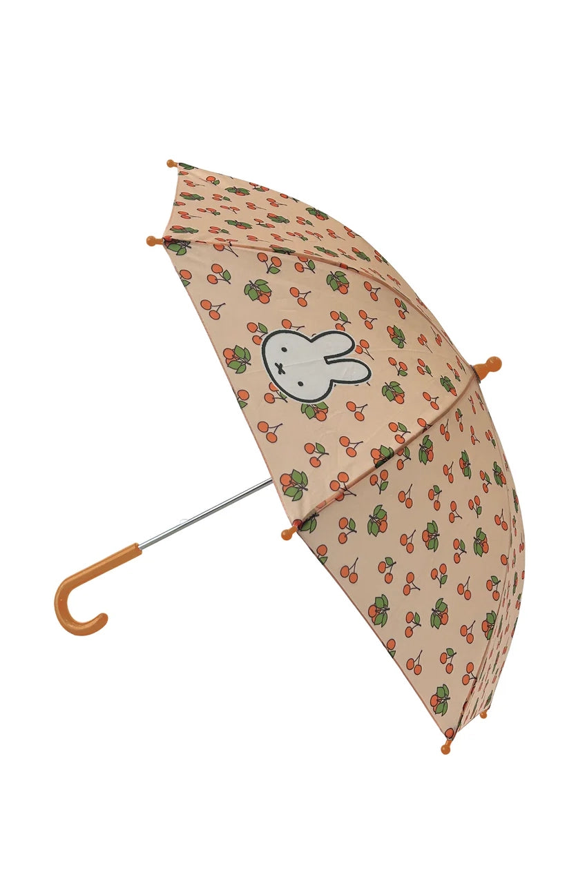 The ENGELITE Engelite - Miffy Umbrella Cherry is a beige kids' umbrella with an orange curved handle, cherry and green leaf design, and a large white cartoon bunny face—perfect for little ones.