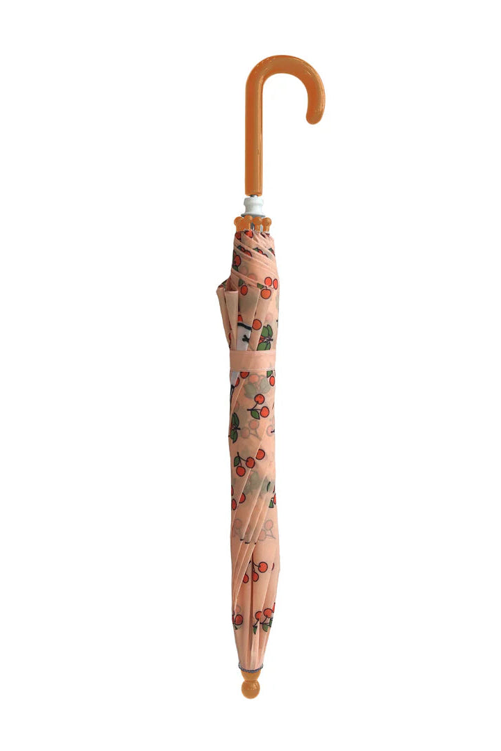 The ENGELITE Engelite - Miffy Umbrella Cherry is a closed pink kids' umbrella featuring a cherry pattern with small green leaves and a curved light brown handle.