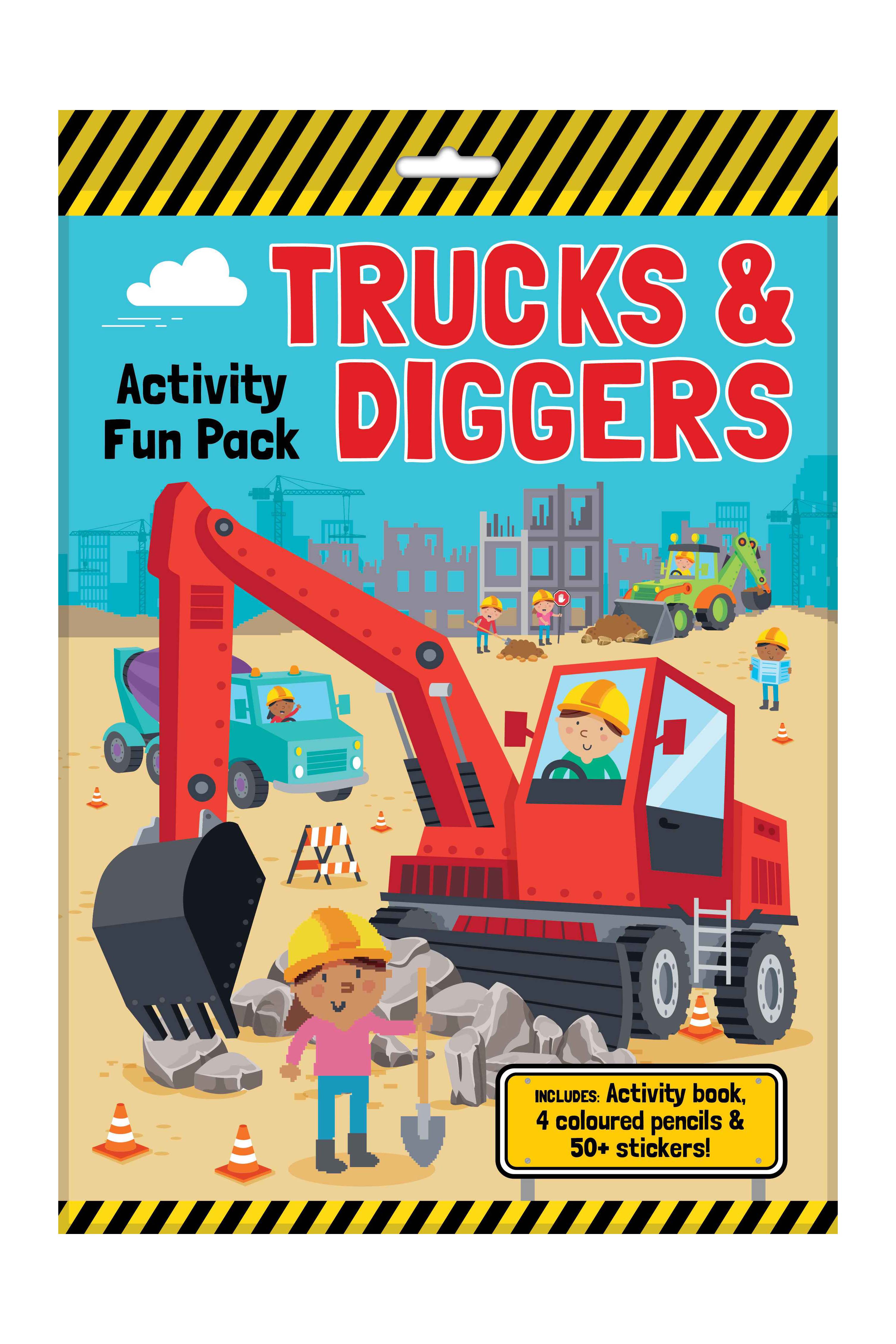 The cover of the BAY KIDS "Trucks & Diggers Activity Fun Pack" features an exciting scene with busy construction vehicles and workers in hard hats. Ideal for travel, it comes with an activity book, four colored pencils, and over 50 stickers to engage young builders on the move.