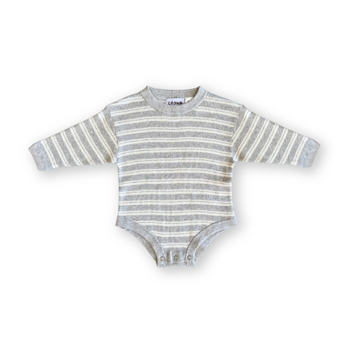 Grown - Organic Ribbed Stripe Knit Romper Grey Marle/Milk