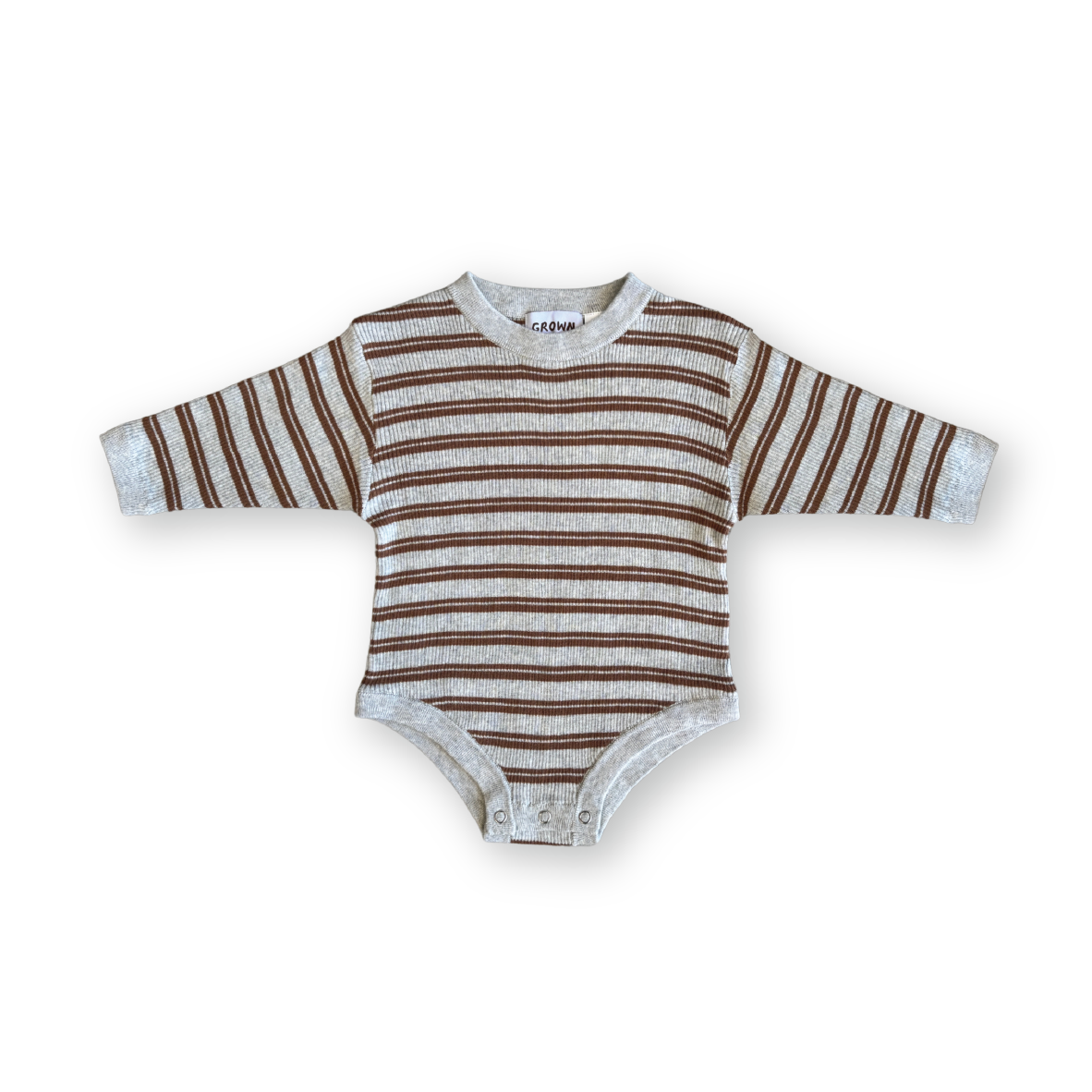 Grown - Organic Ribbed Stripe Knit Romper Grey Marle/Brownie