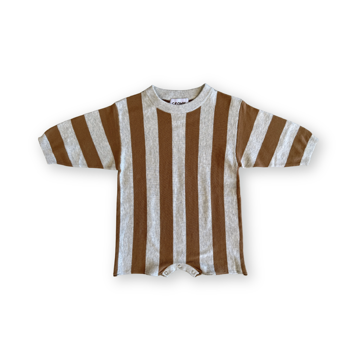 Grown - Organic Vertical Stripe Knit Romper Grey Marle & Brownie