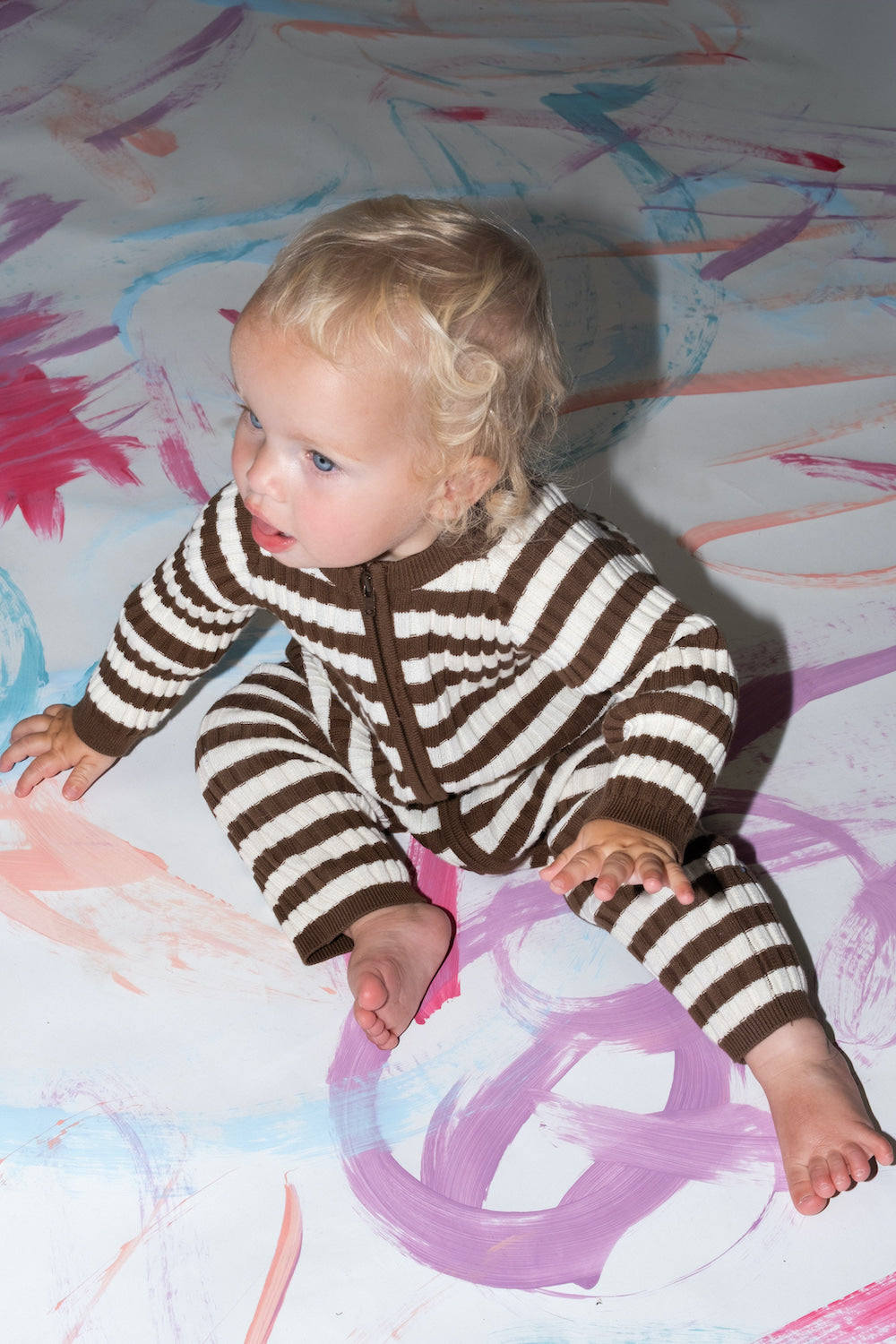 Grown - Organic Rib Stripe Knit Zipper Jumpsuit Espresso & Milk